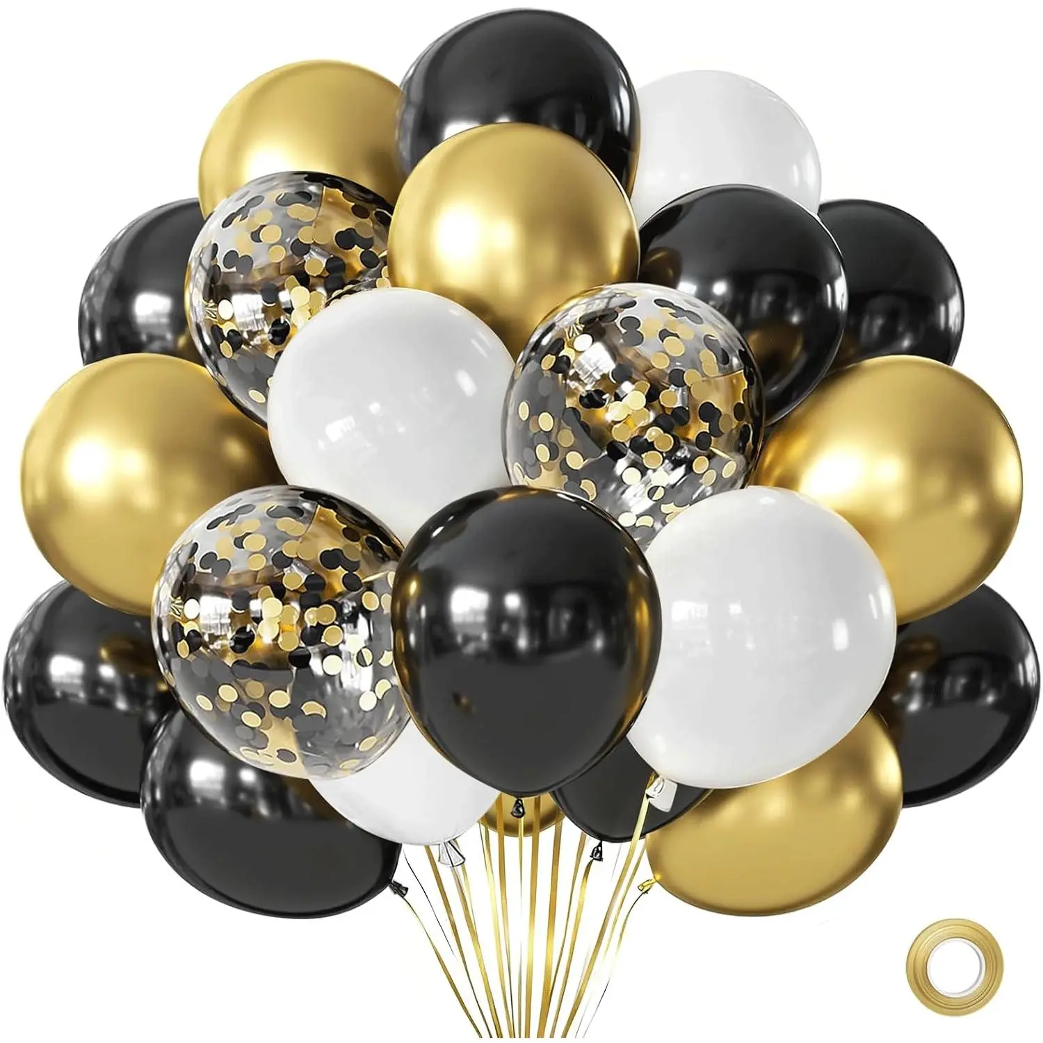 Black  White Balloons Arch Kit, 50 count, 12in, Latex, Party Decor | White, Metallic , Black, Confetti Balloon with  Ribbon. for Birthday, Wedding,  Year’s,  Decoration.