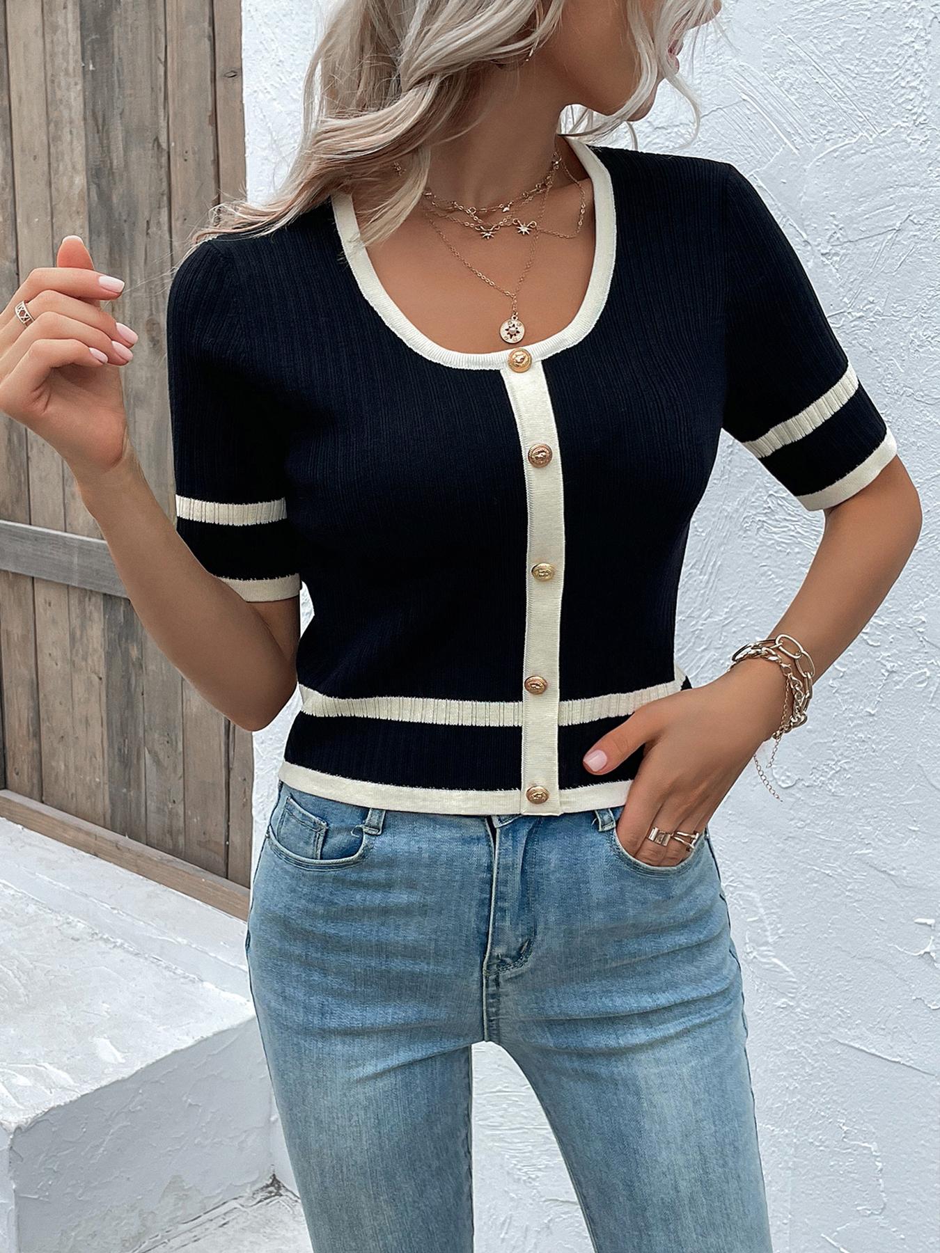 Women's Knit Casual Commuter Top, Lightweight Knitwear, Spring Summer Colorblock Square Neck Short Sleeve Button Fitted Regular Fit T-Shirt, Random Pattern, Knitwear Womenswear