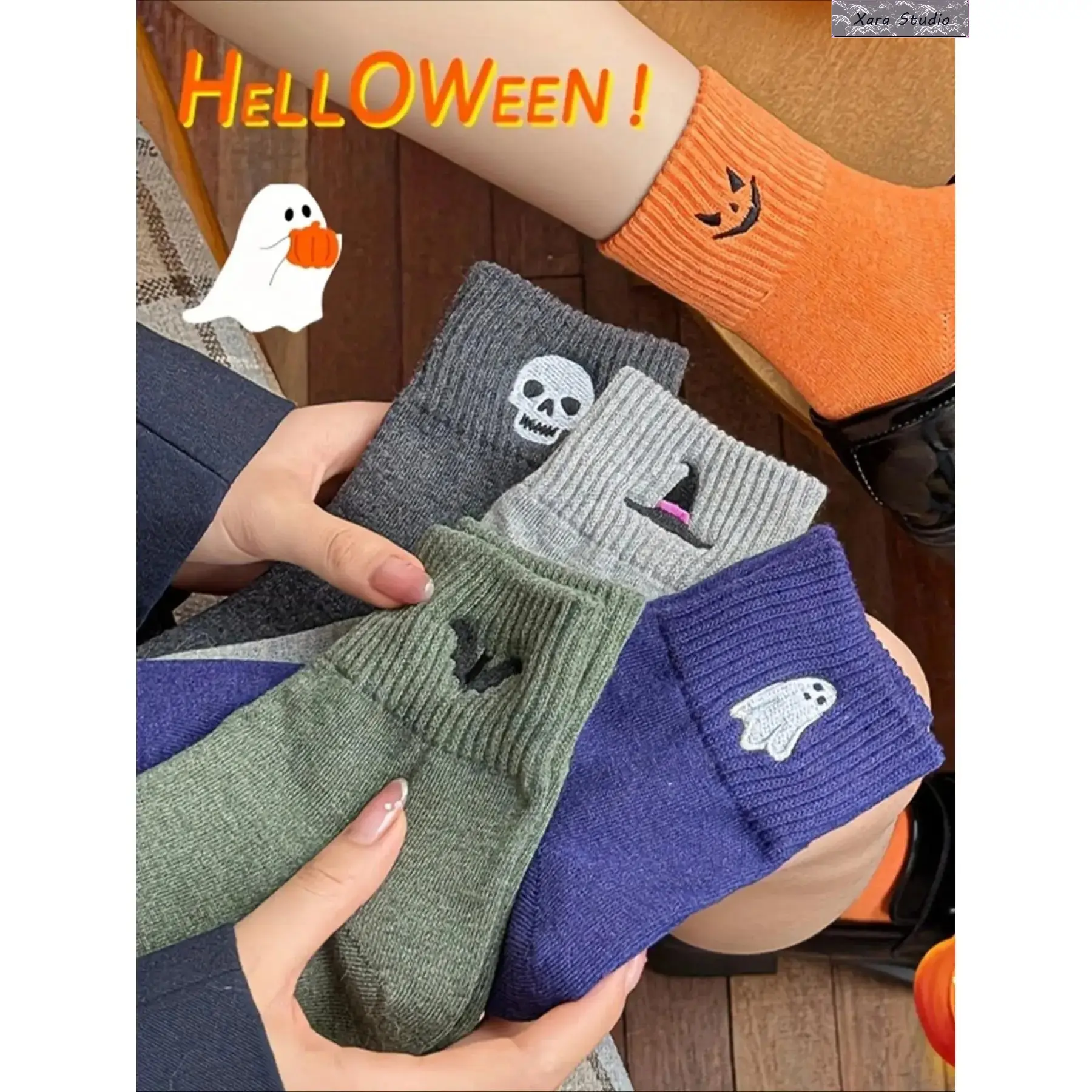 5 Pairs Cute Halloween Crew Socks for Women, Viral Pumpkin Ghost Cartoon Knit Socks, Soft Stretch Cozy Mid-Calf Fall Winter Socks, Funny Aesthetic Novelty Socks for School, Work, Home, Halloween Party, Trick or Treat, Holiday Gifts
