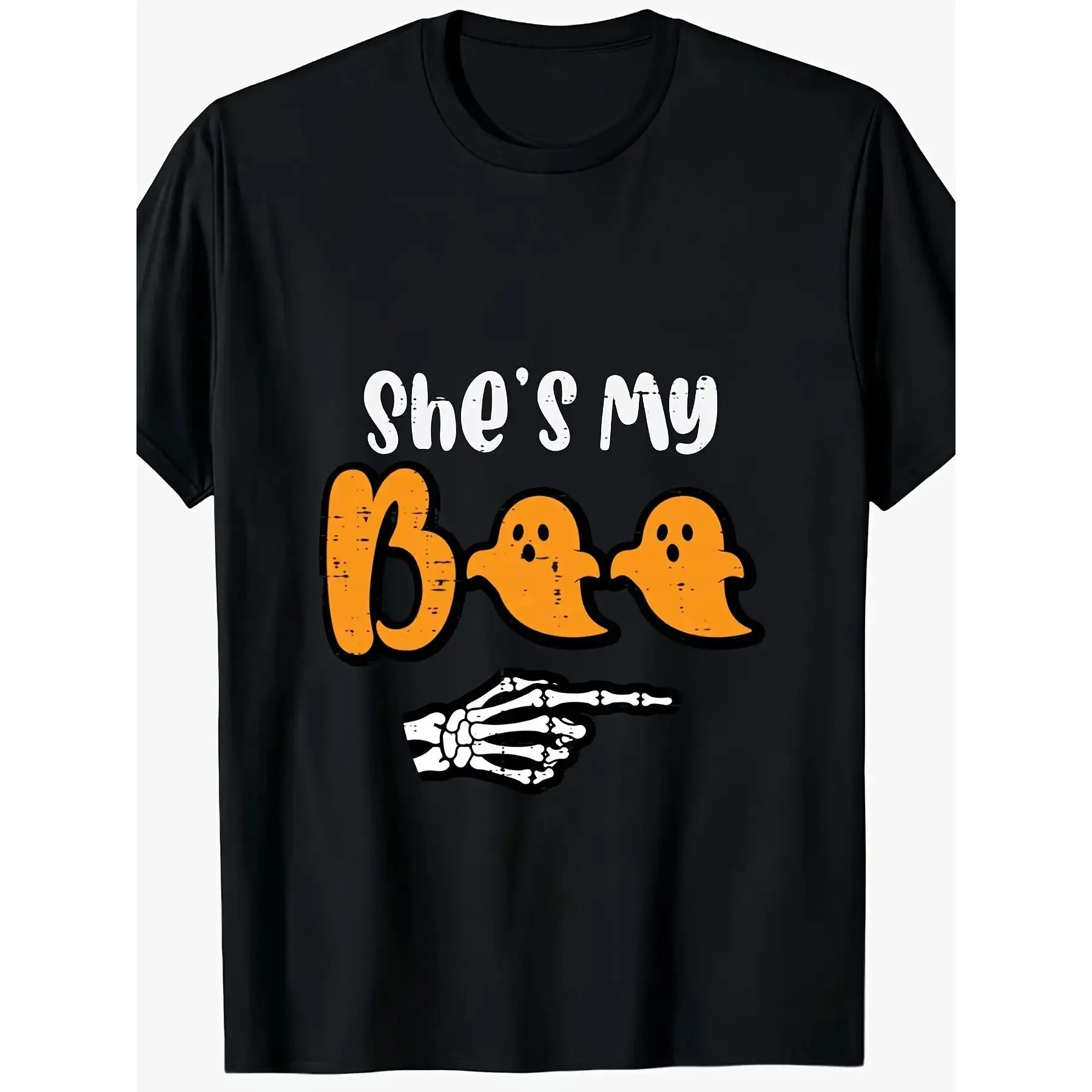 Men's Halloween Matching "She's My Boo" Skeleton Couple Costume Graphic Print T-Shirt, Menswear, Short-Sleeve Round Neck, Soft Simple Loose Casual Daily Athletic Performance Top, Shortsleeve, Sports