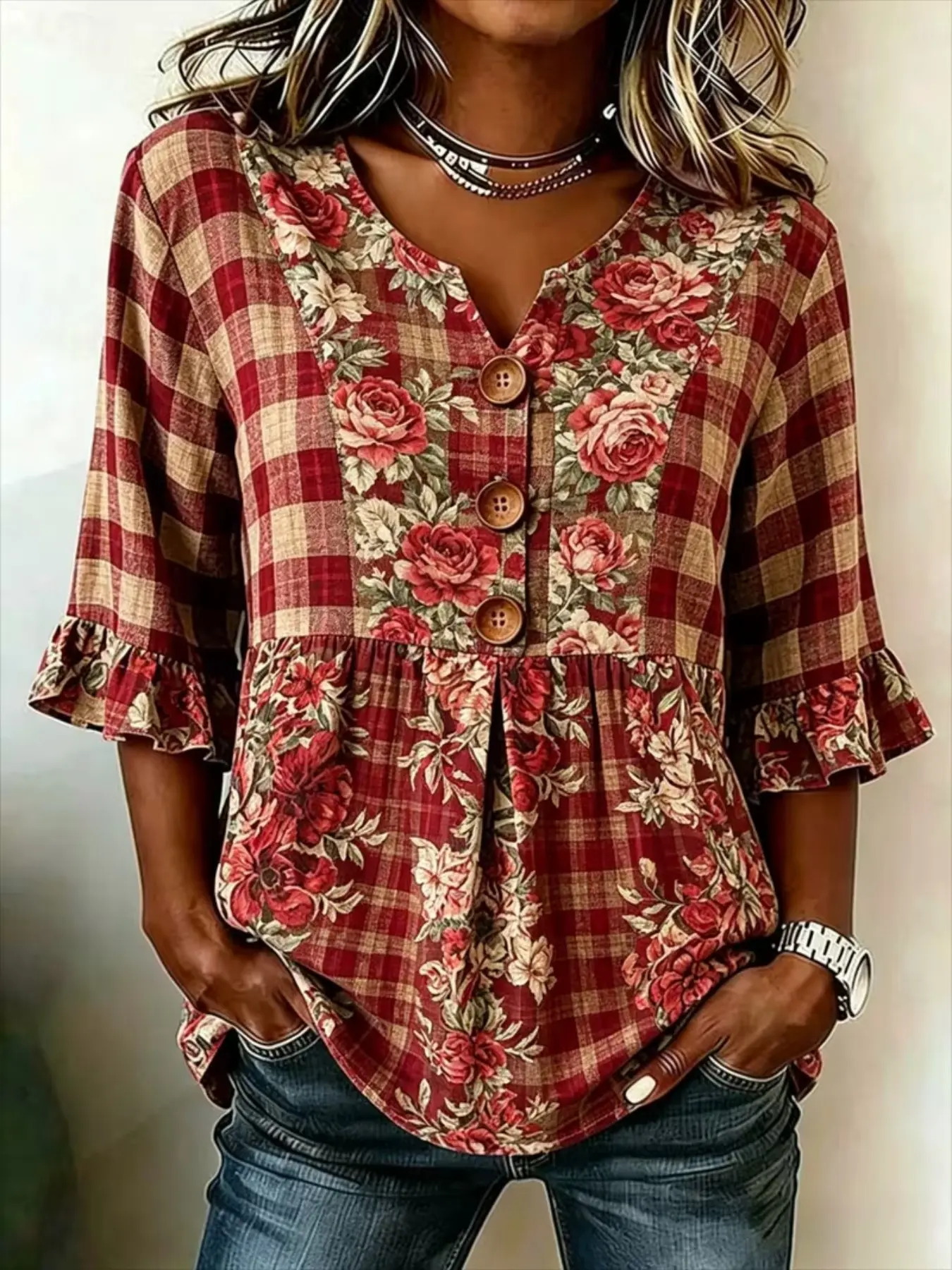 Women Sublimation Printed Babydoll Tunic Blouse Top, Notch V‑Neck 3/4 Ruffle Flounce Sleeve Button Front Decor Shirt, Red Khaki Gingham Plaid Mixed Vintage Rose Floral Spliced Print for Daily Casual Outfit, Farm‑style Weekend Party, Holiday Trip and Retro