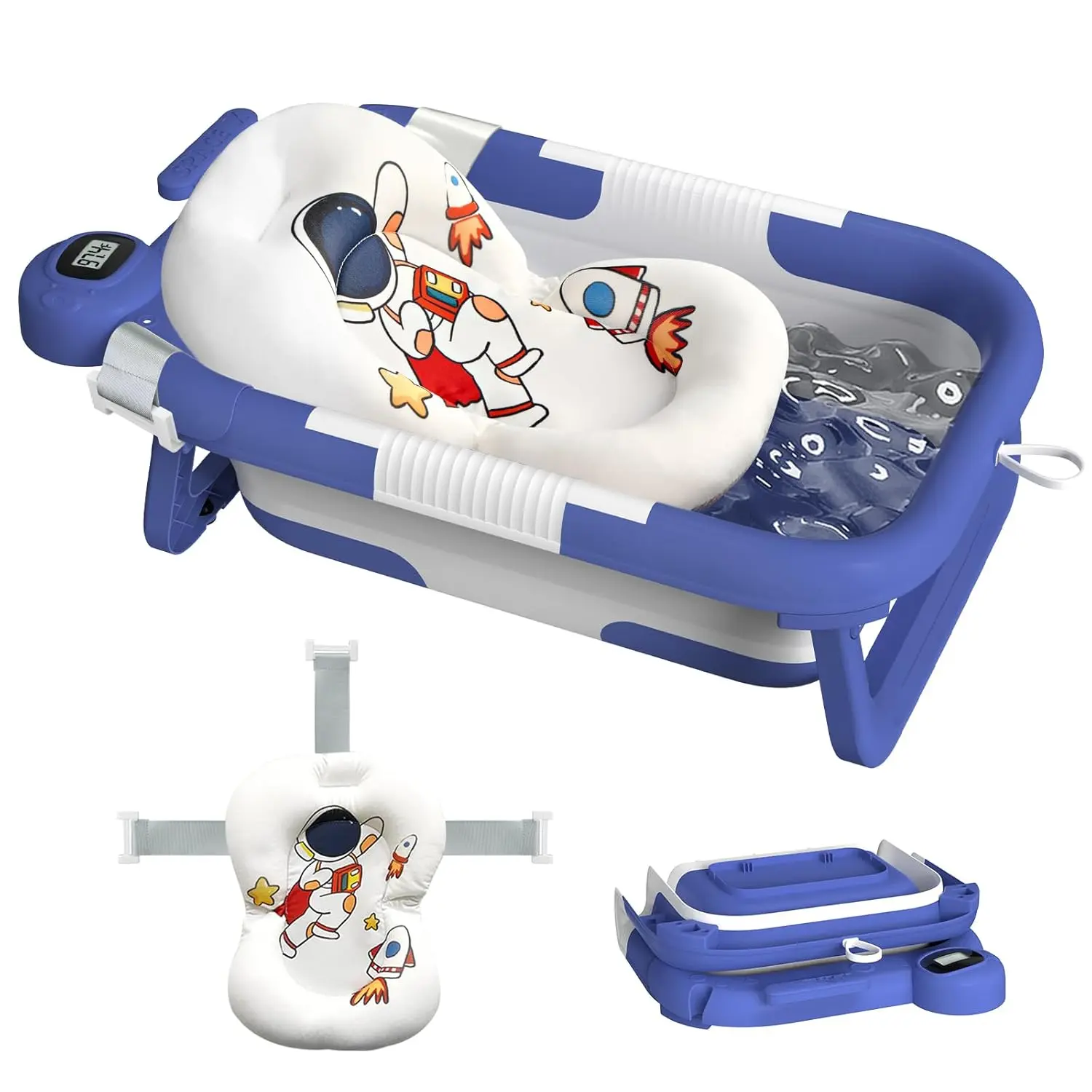Collapsible Baby Bathtub  Newborn to Toddler (0-24 Months), Portable Baby Bath Tub  Travel, Newborn Bathtub with Soft and Supportive Cushion (Astronaut-Blue)