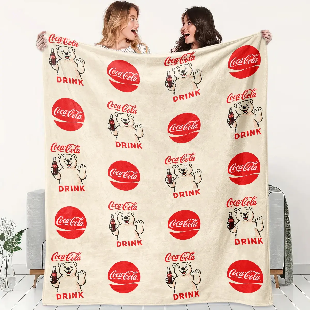 1pc Vintage Coca-Cola Polar Bear Fleece Blanket, 3 Styles Retro Coke Bear Soda Logo Seamless Print, Multiple Designs Optional. Soft Warm Throw for Sofa, Bed, Office, Camping Trip, Ideal Christmas Gift.