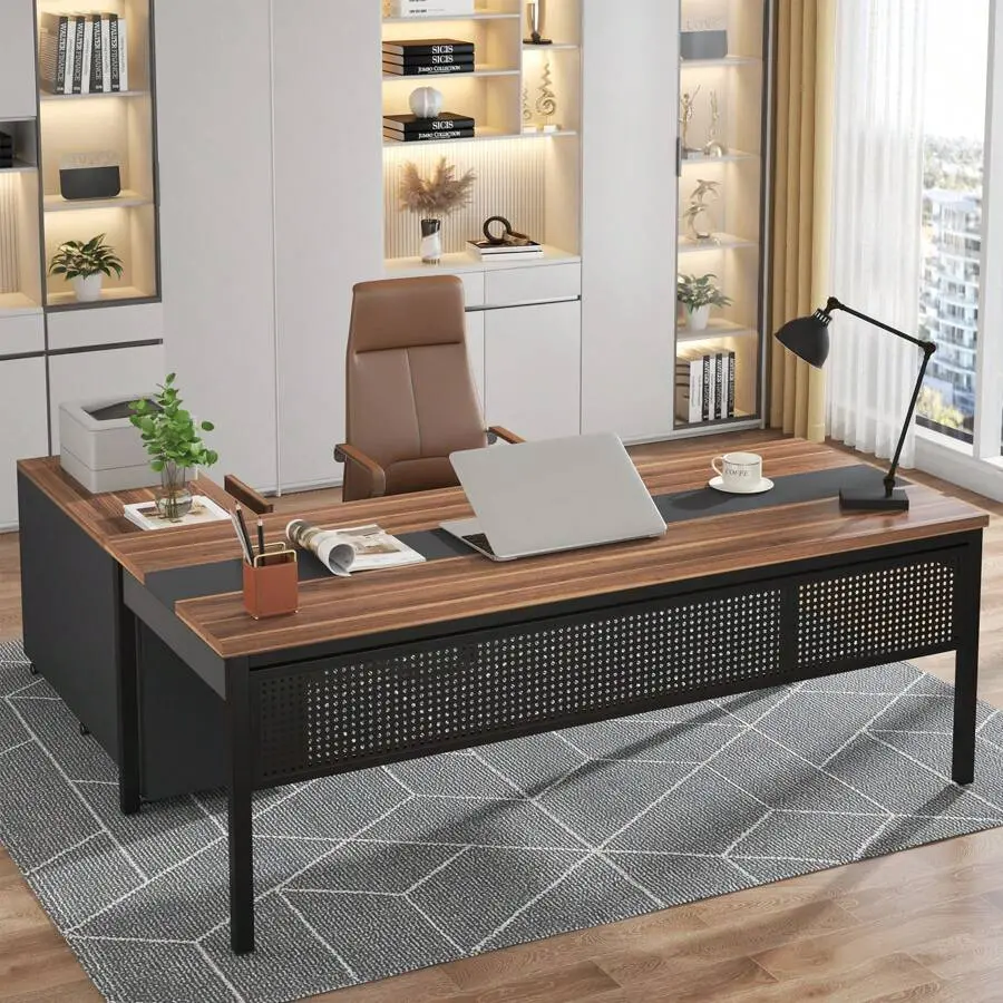 70.8" L-Shaped Executive Office Desk & 47" Lateral File Cabinet Combo - 2-Piece Desk Setup with Drawers, Shelves, Metal Frame, MDF Board, Modern Classic Privacy Baffle, Walnut & Black Home Office Furniture