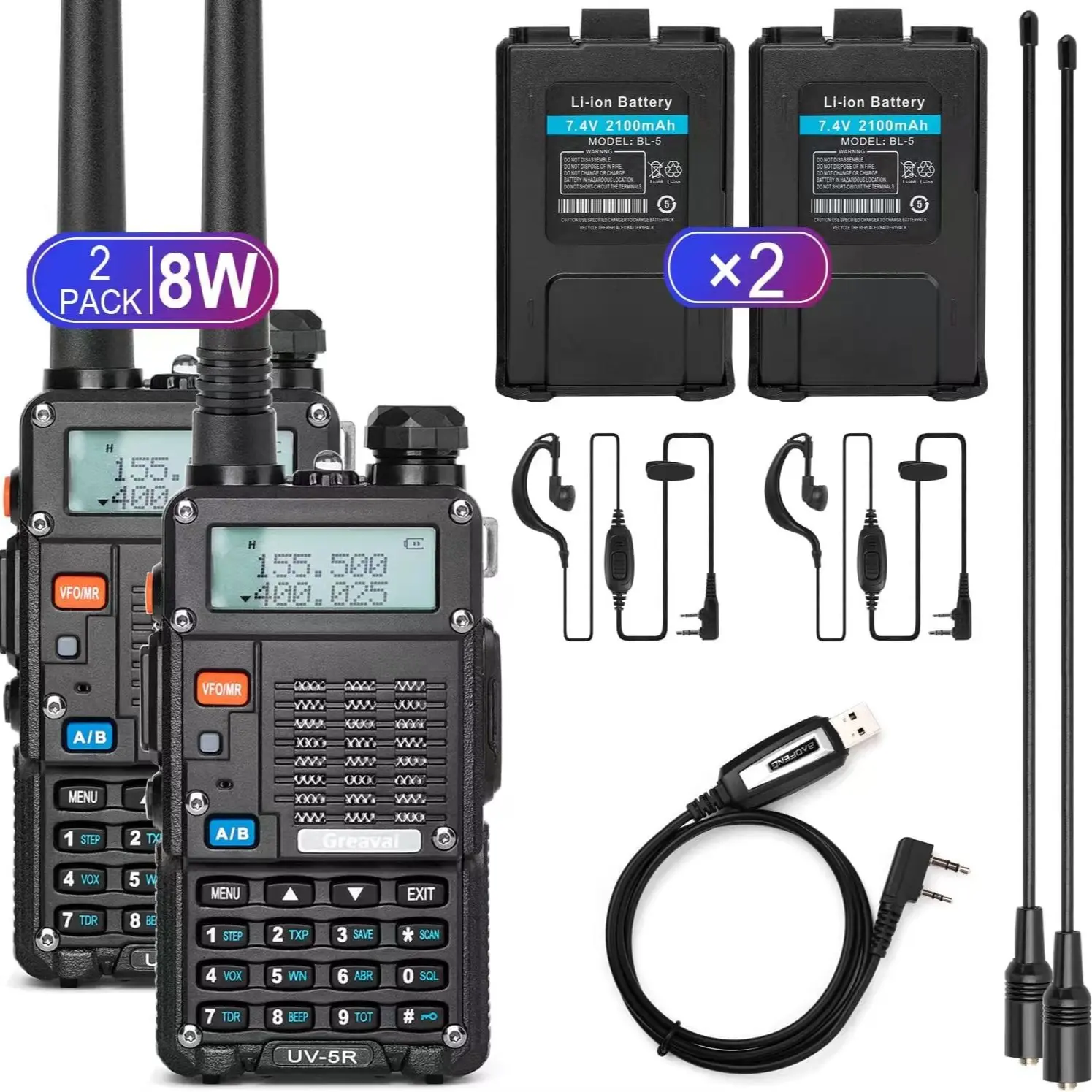 2PCS Baofeng UV-5RT USB Long Range Ham Amateur With FM Radio Long Range Portable Two Way Radio Baofeng UV- 5RT CB Radio Walkie Talkie