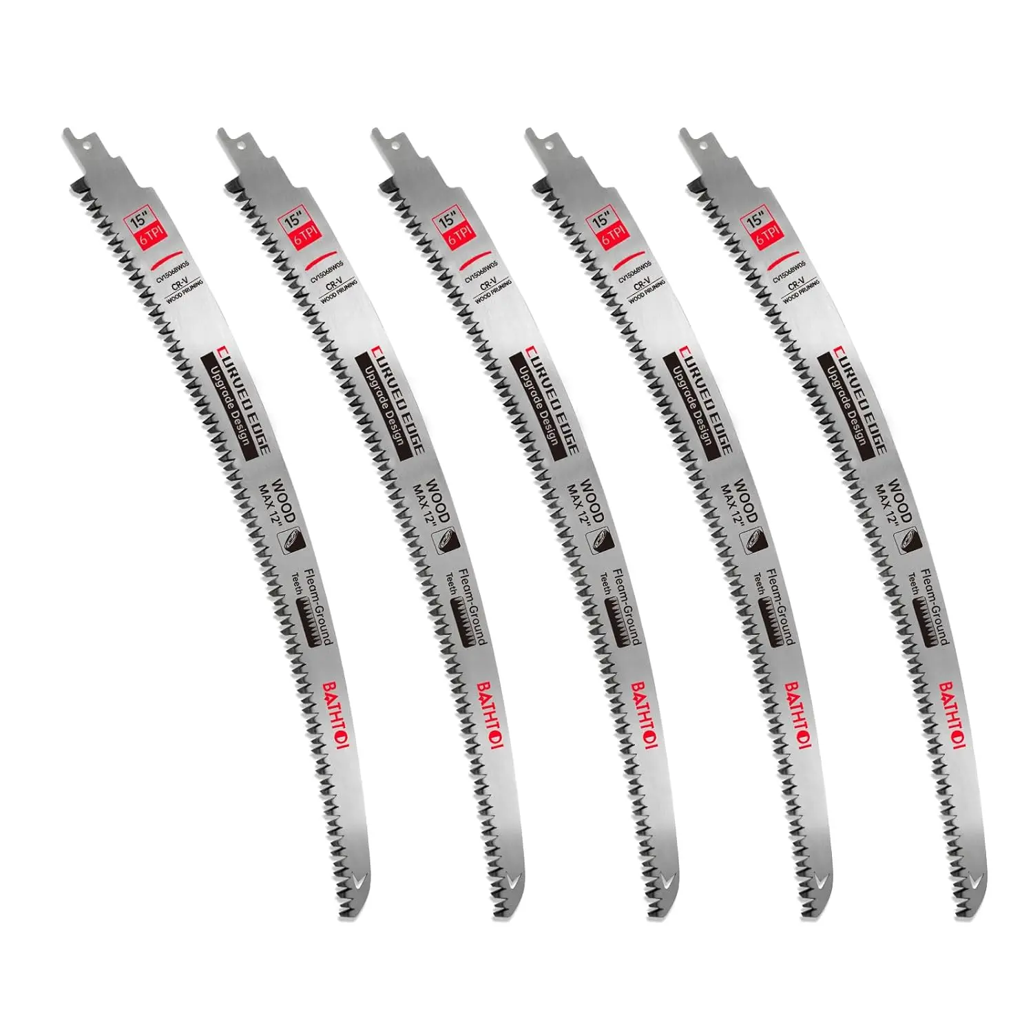 5 Pack 15 Inch 6 Tpi Japanese Teeth Reciprocating Saw Blades for Wood Cutting and Tree Trimming, Cr-V Sawzall Blades with Curved Edge and Fleam-Ground Teeth for Life and Faster Cutting Speed