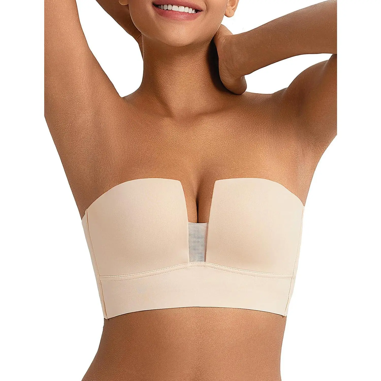 Women's Strapless Push-Up Cups Padded Deep V Plunge Longline Underwire Bra - Anti-Slip Support Padded Brassieres, Strapless Bras
