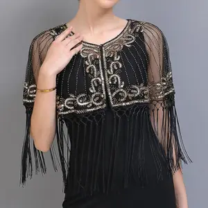 Women Vintage 1920s Shawl Beaded Sequin Fringe Flapper Bolero Sheer Floral Embroidery Mesh Shrug Cape Fancy Party Cover Up