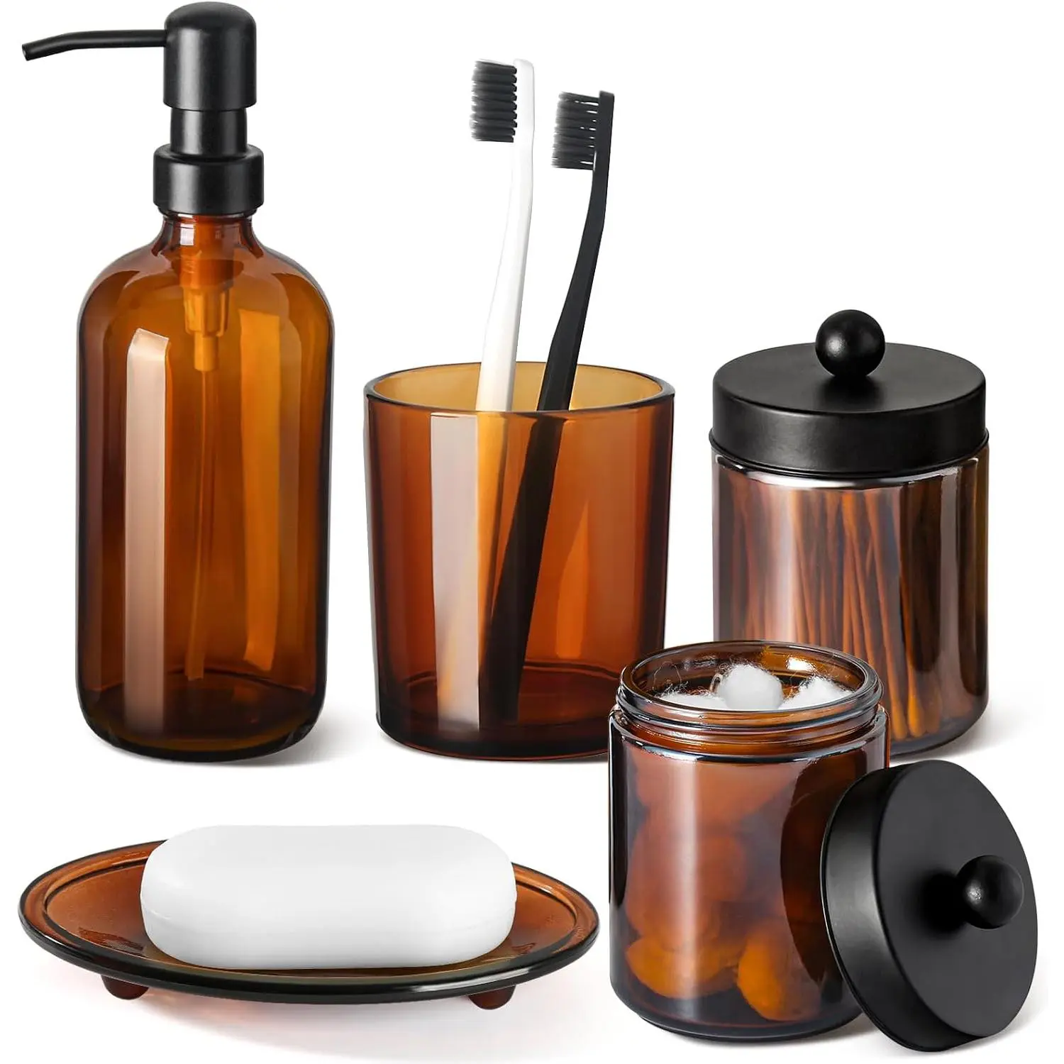Accessory Set, 5-piece Amber Bath Accessory Sets Complete, Brown Soap Dispenser and Toothbrush Holder Counter Sink Set with Labels, Rustic Vintage Decor.