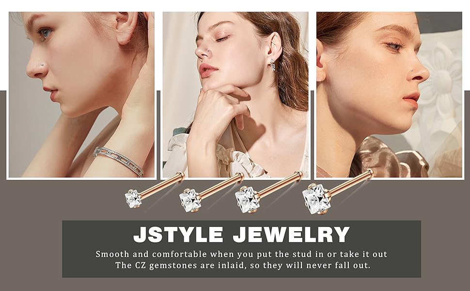 Jstyle 8Pcs/Set Hypoallergenic Nose Rings 18G 20G Surgical Stainless Steel Nose Rings Studs Cubic Zirconia Nose Ring Labret Nose Piercing Jewelry for Women Men 1.5mm 2mm 2.5mm 3mm