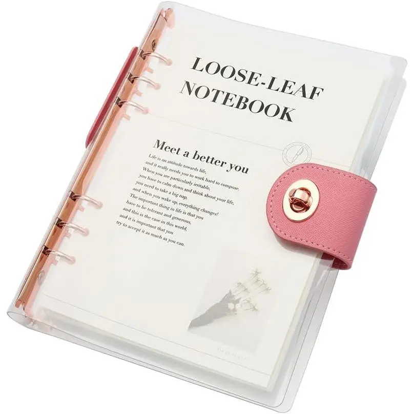 Clear A5 Refillable Notebook Binder with 90 Sheets Lined Paper Rose  6-Ring Soft Transparent PVC Binder Cover Protector Shell Loose Leaf Journal Folders with PU Leather Lock Catch Closure