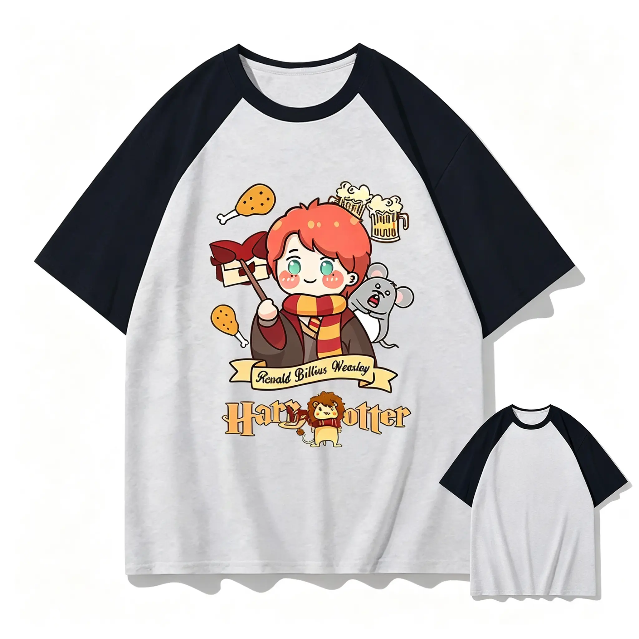 Harry Potter Ron Weasley Graphic Raglan Tee, Unisex Short Sleeve T-Shirt, Kawaii Cartoon Print, Gray Black Colorblock, Crew Neck Relaxed Fit, Back to School Bookish Outfit, Gift for Fans