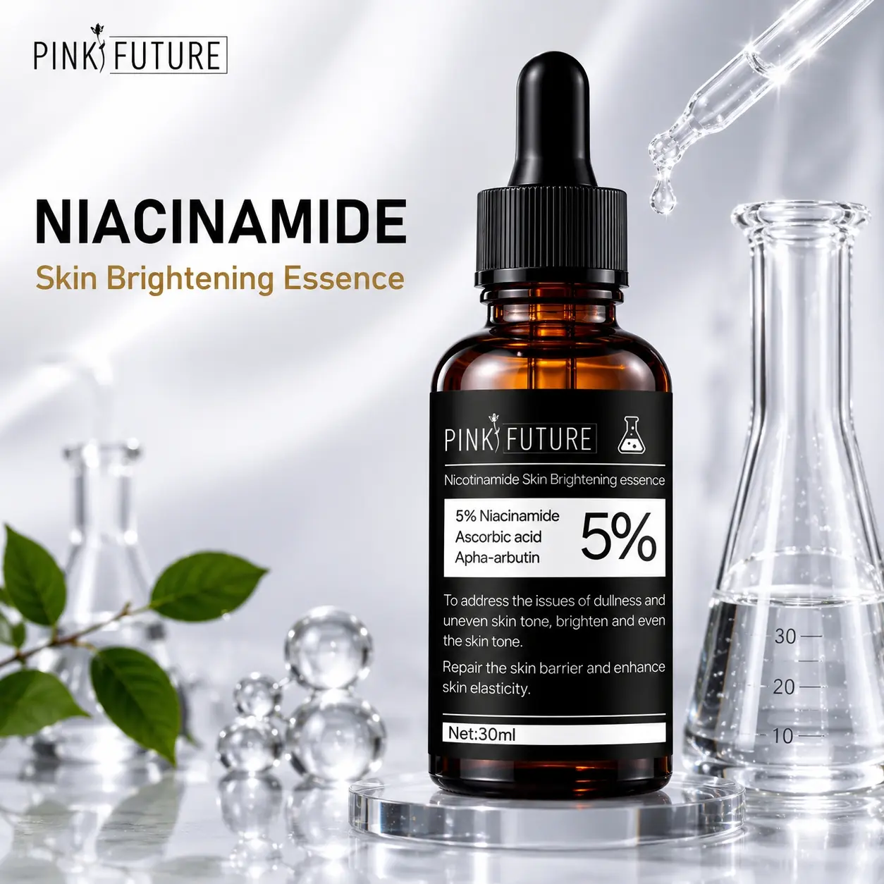 PINK FUTURE 5% Niacinamide Brightening Essence 30ml, Vitamin C & Alpha Arbutin Face Serum for Dullness & Even Skin Tone