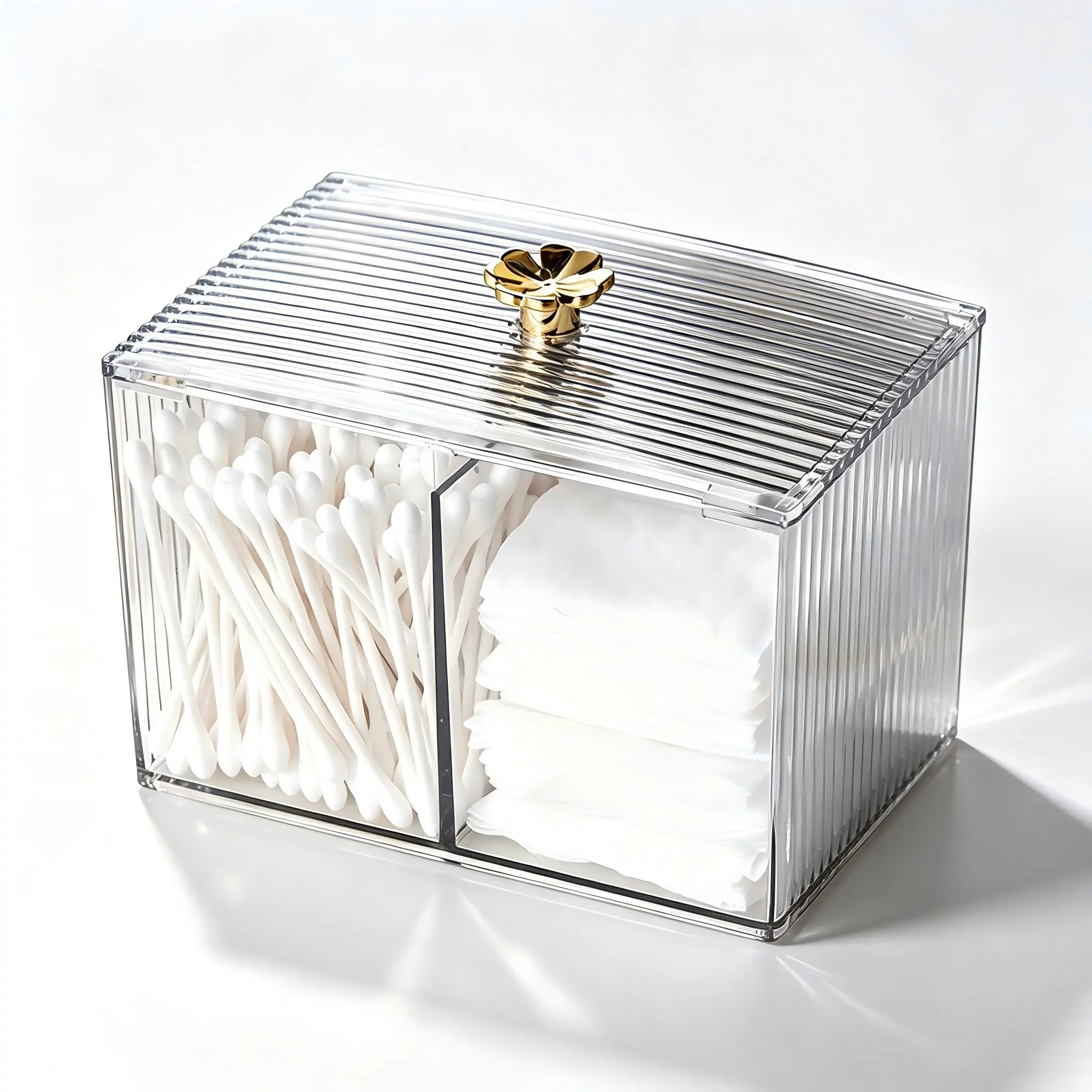 Clear Acrylic Makeup Organizer, 2‑Compartment Dustproof Vanity Storage Box with Lid, Ribbed Cosmetic Container with Lucky Clover Gold Knob for Cotton Pads, Q‑tips & Small Beauty Tools