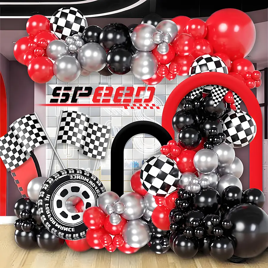 98/99/102/119/148pcs Racing Theme Balloon Garland Arch Kit, Red Black Metallic Silver Latex Balloons, Checkered Flag Foil Balloons, Race Competition Sports Event Decorations for Grand Opening, Victory Celebration, Racing Themed Party Supplies