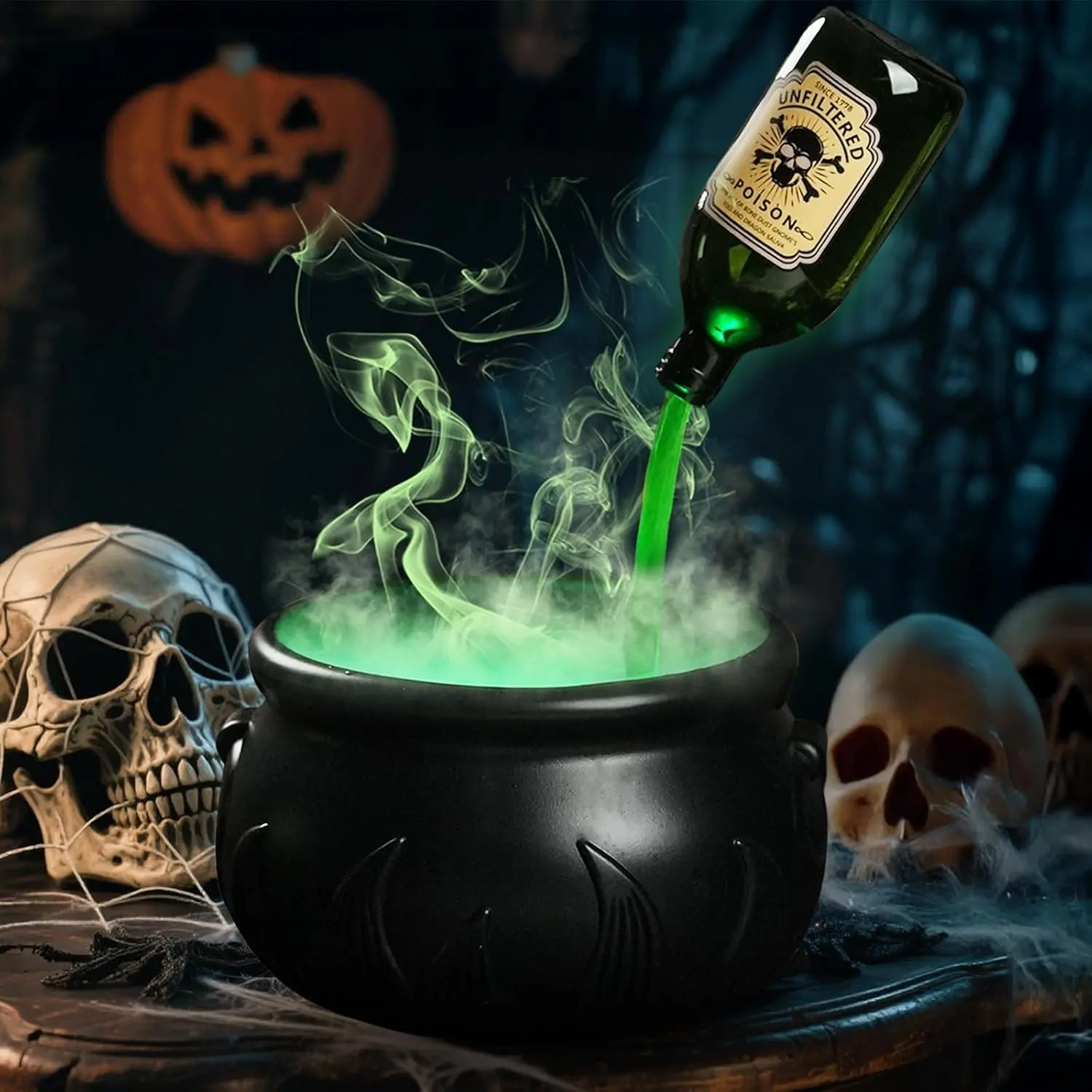 DIY Floating Magical Potion Set with Witches Cauldron & Mist Maker - Scary Vintage Black Plastic Bowl Halloween Indoor Decor for Home Table Mantel Gift, Light, Spooky, Room Decor
