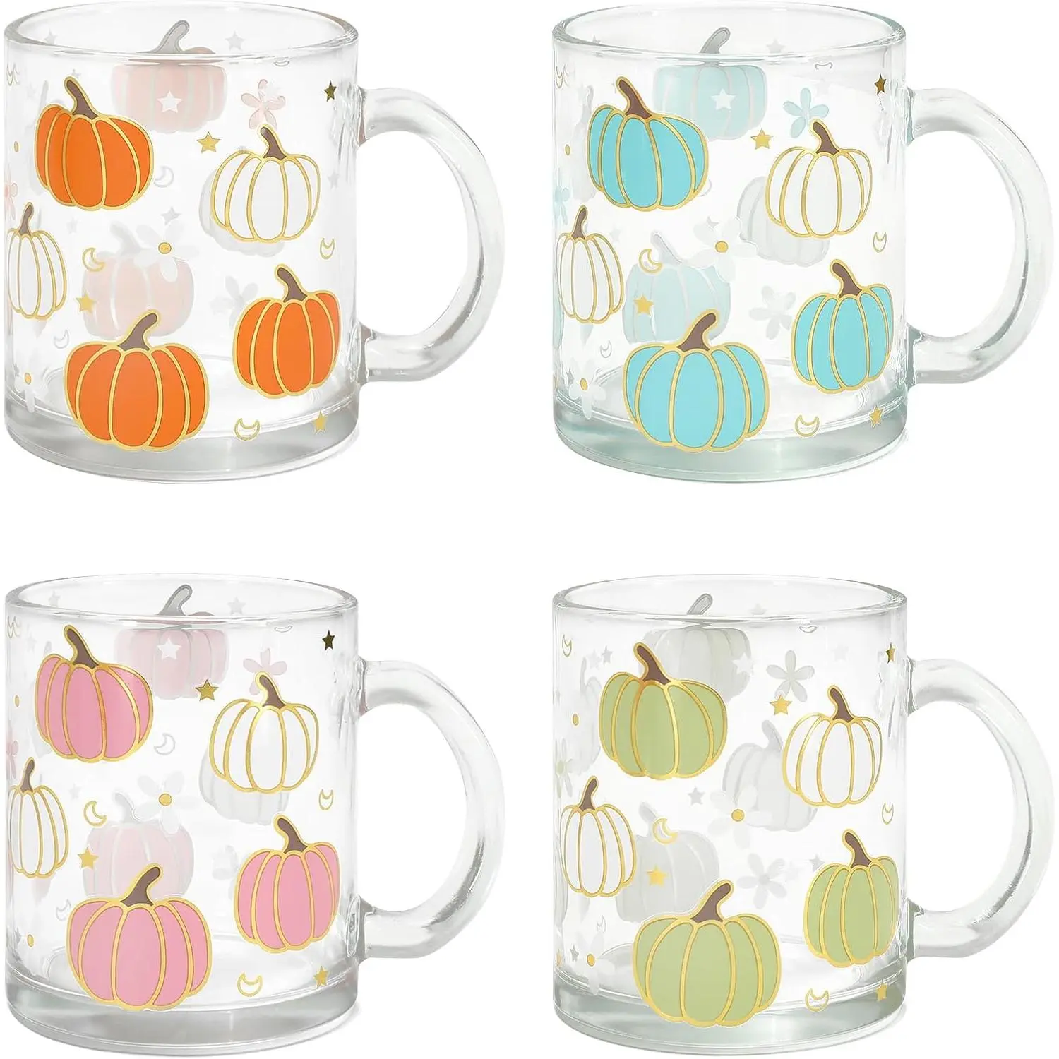 4 count Fall Glass Coffee Mug with Handle Orange Blue  Green Pumpkin Coffee Cups Autumn Thanksgiving Drinking Glasses for Hot Cold Drinks, 12 Oz
