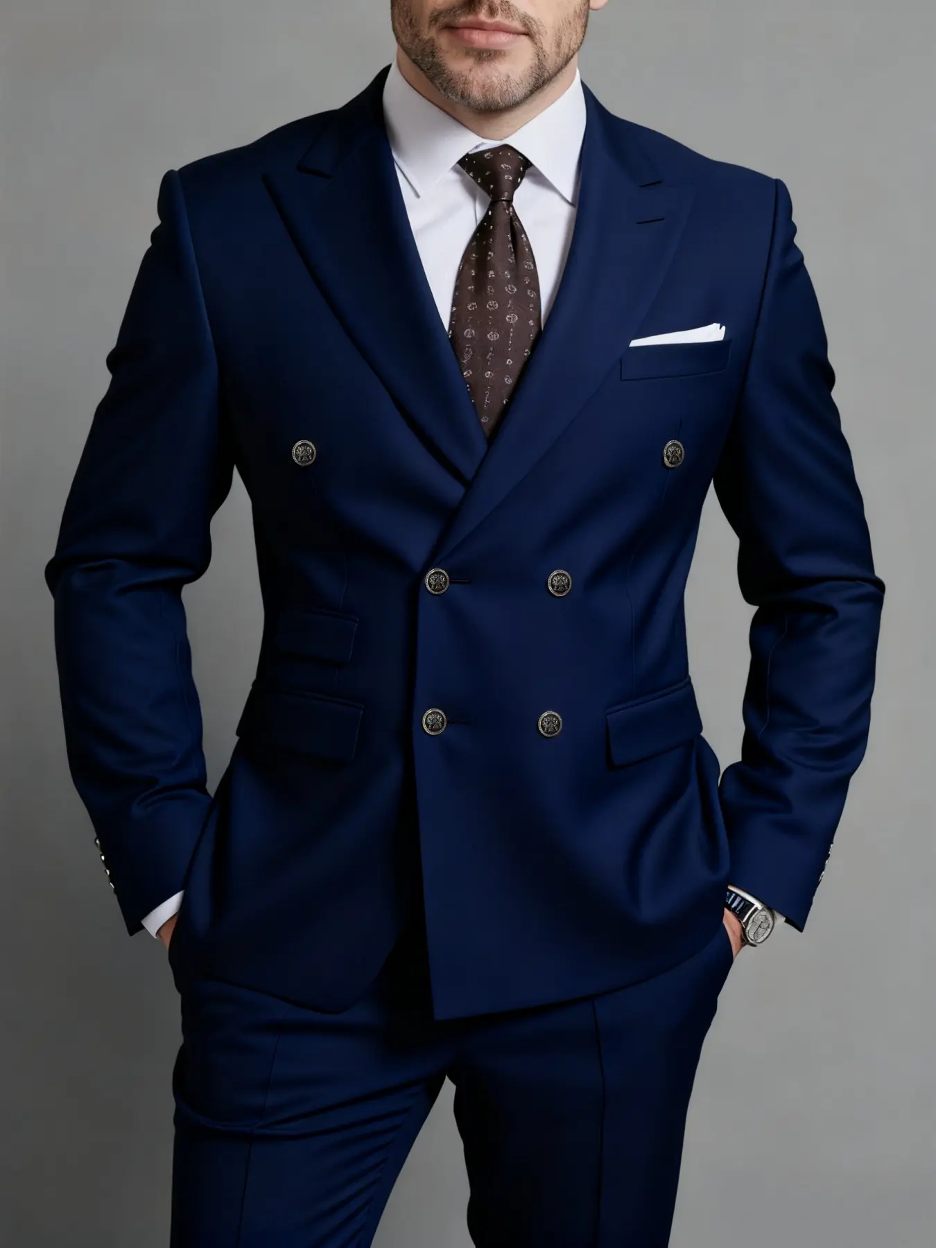 Men's Versatile Solid Suit Set Double Breasted Peak Lapel Blazer Trousers Elegant Office Party Wedding