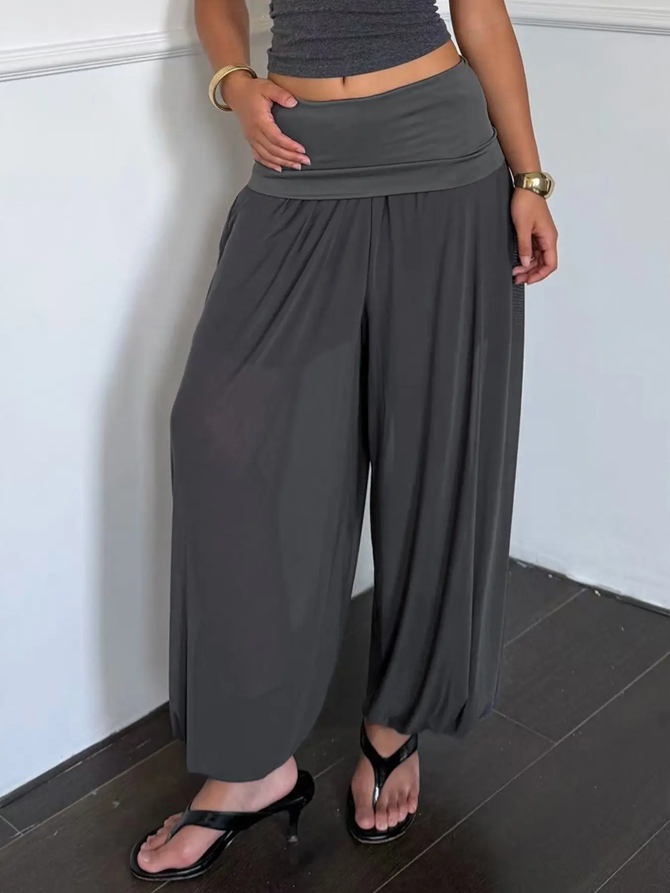 Women's Street Style Colorblock High-Waisted Mesh Lantern Pants, Loose Fit Slimming Transparent Cuffed Long Beach Pants
