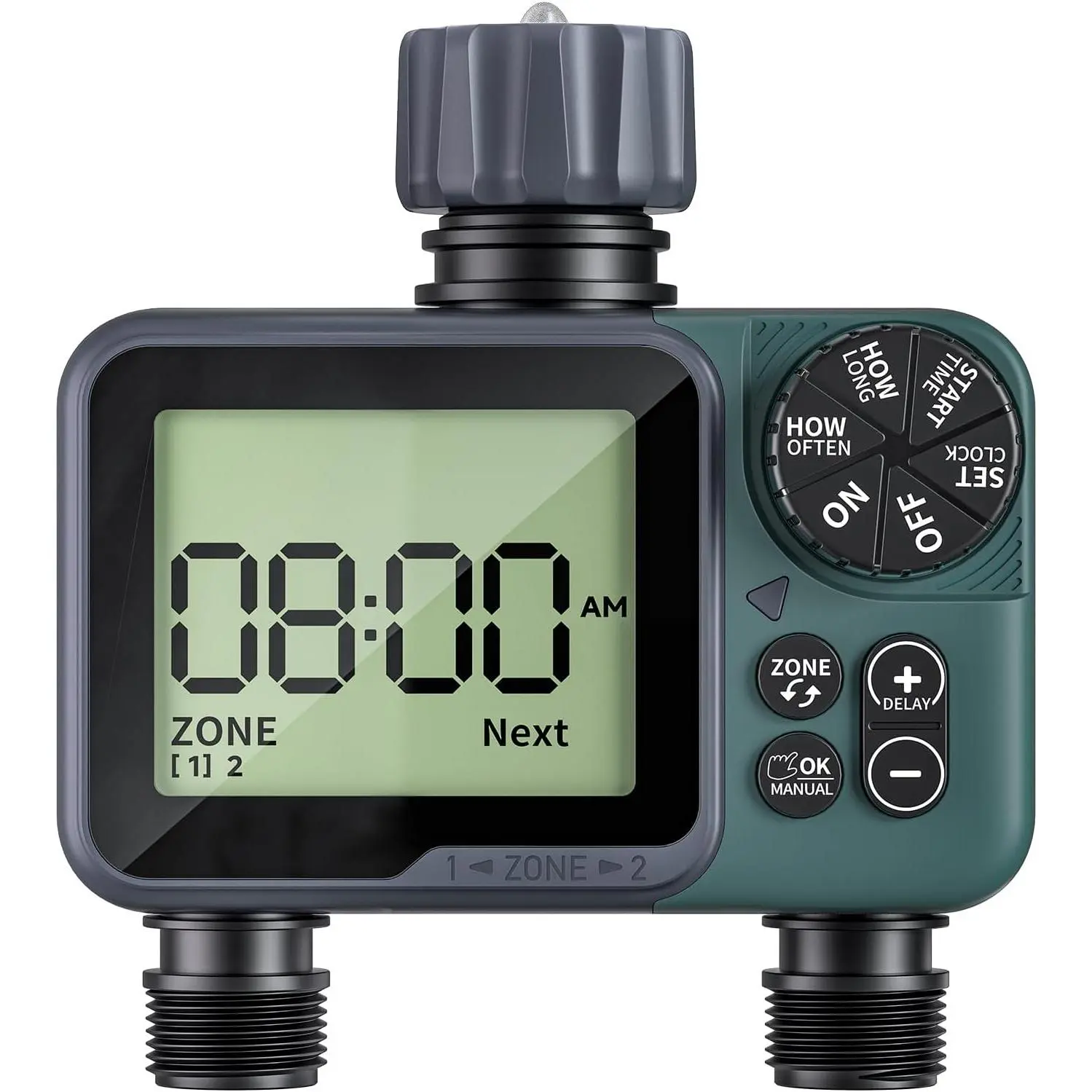 Sprinkler Timer 2 Zone & Digital Water Timer for Garden Hose, Yard, Lawn, Pool – Programmable Irrigation Controller with Rain Delay, IP55  Auto & Manual Irrigation System