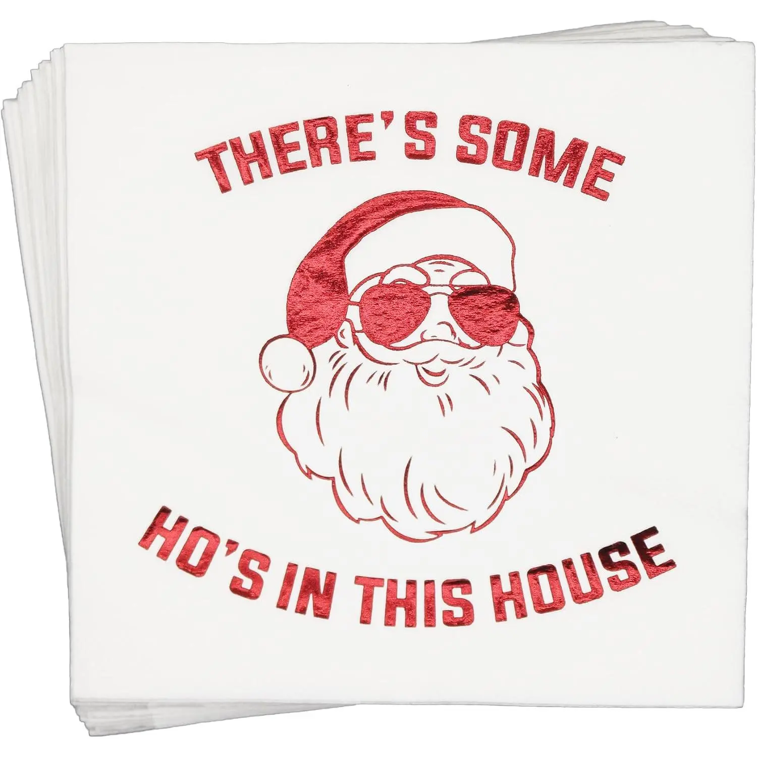 There’s Some Hos in This House Napkins, Funny Christmas Party Decorations, Christmas Xmas Holiday Party Decorations, Christmas Friendsmas Birthday Party Supplies(5 x 5 In, Red Foil, 50-Pack)