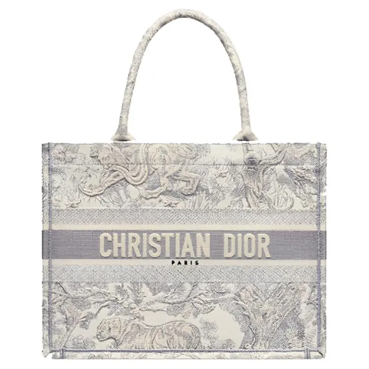 Dior Book Tote Handbag for Women, Toile de Jouy Tiger Embroidered Canvas Tote Bag in Gray