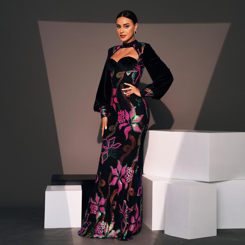 Long Sleeve Elegant Round Neck Sexy Hollow Out Long Sequin Evening Dress Bridesmaid Dress for Women Womenswear Black Floral Crewneck