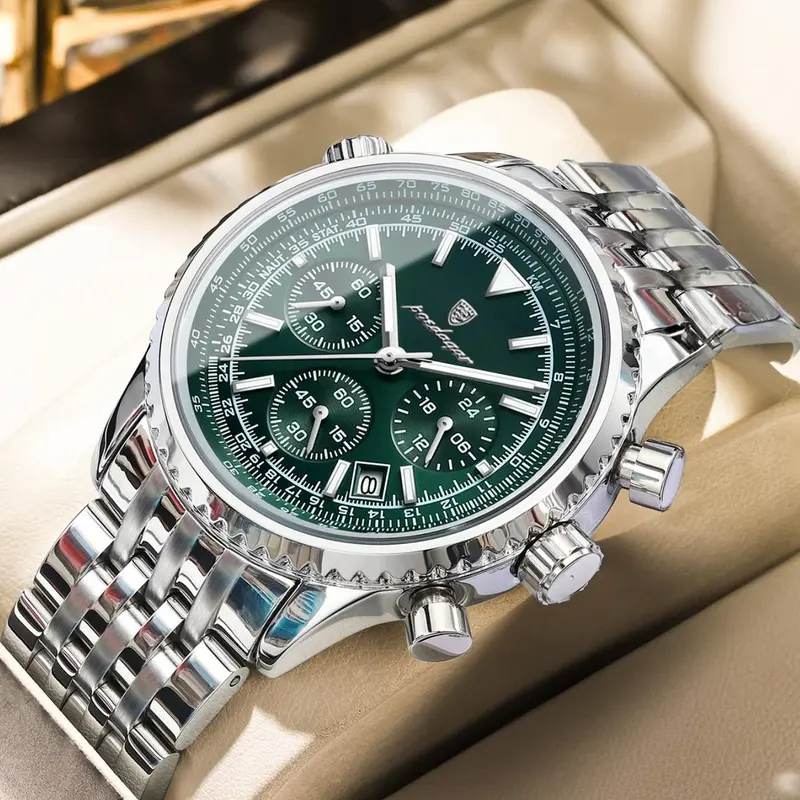 Business Fashion Round Dial Analog Quartz Watches for Men, Trendy Multifunctional Luminous Fashionable Watch, Waterproof Luminous Date Chronograph Watch, Stainless Steel Wristwatch for Men Gifts, Water Resistant Watch, with Box, Fashion Wristwatches