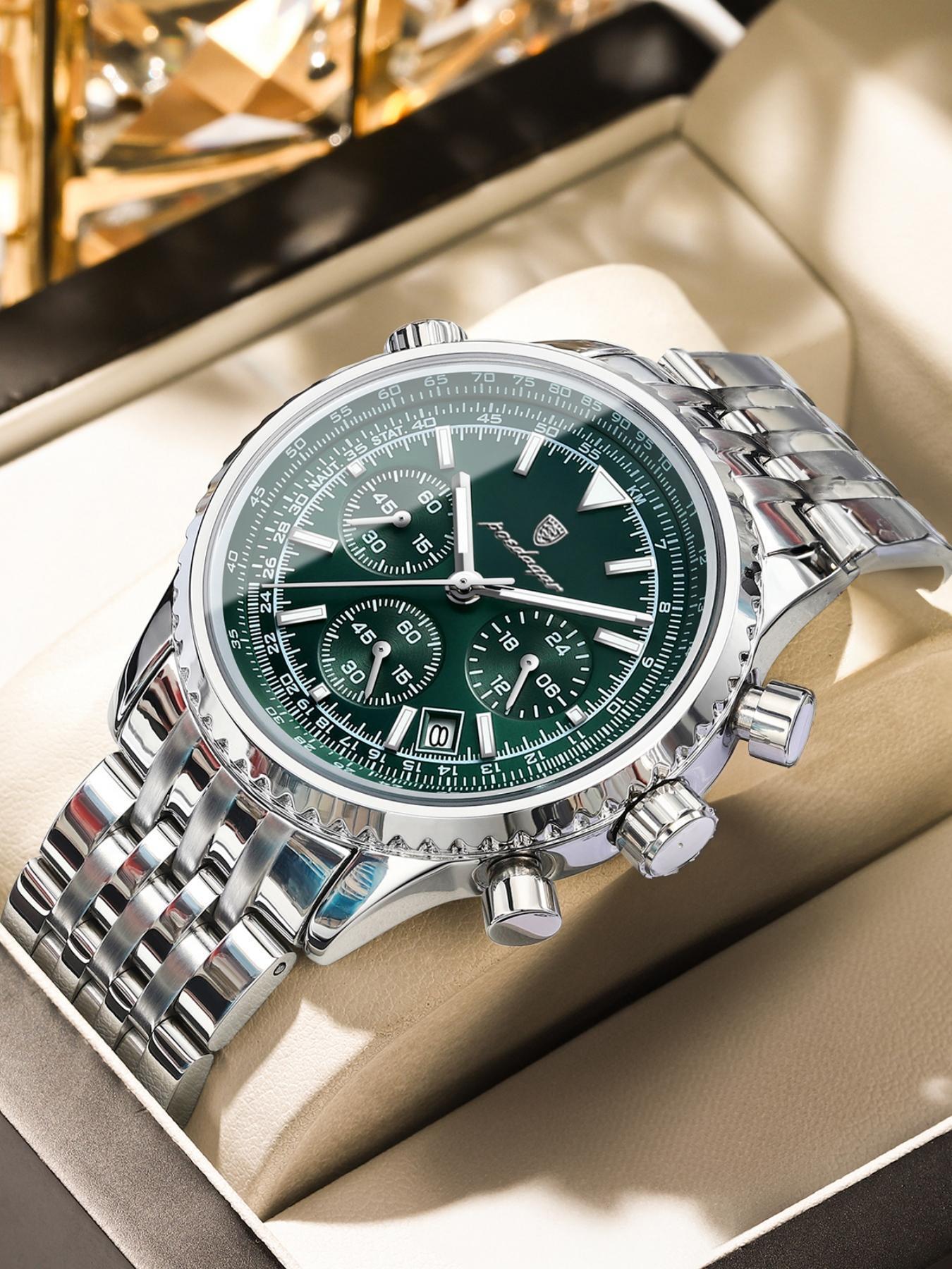 Business Fashion Round Dial Analog Quartz Watches for Men, Trendy Multifunctional Luminous Fashionable Watch, Waterproof Luminous Date Chronograph Watch, Stainless Steel Watch for Men Gifts, with Box