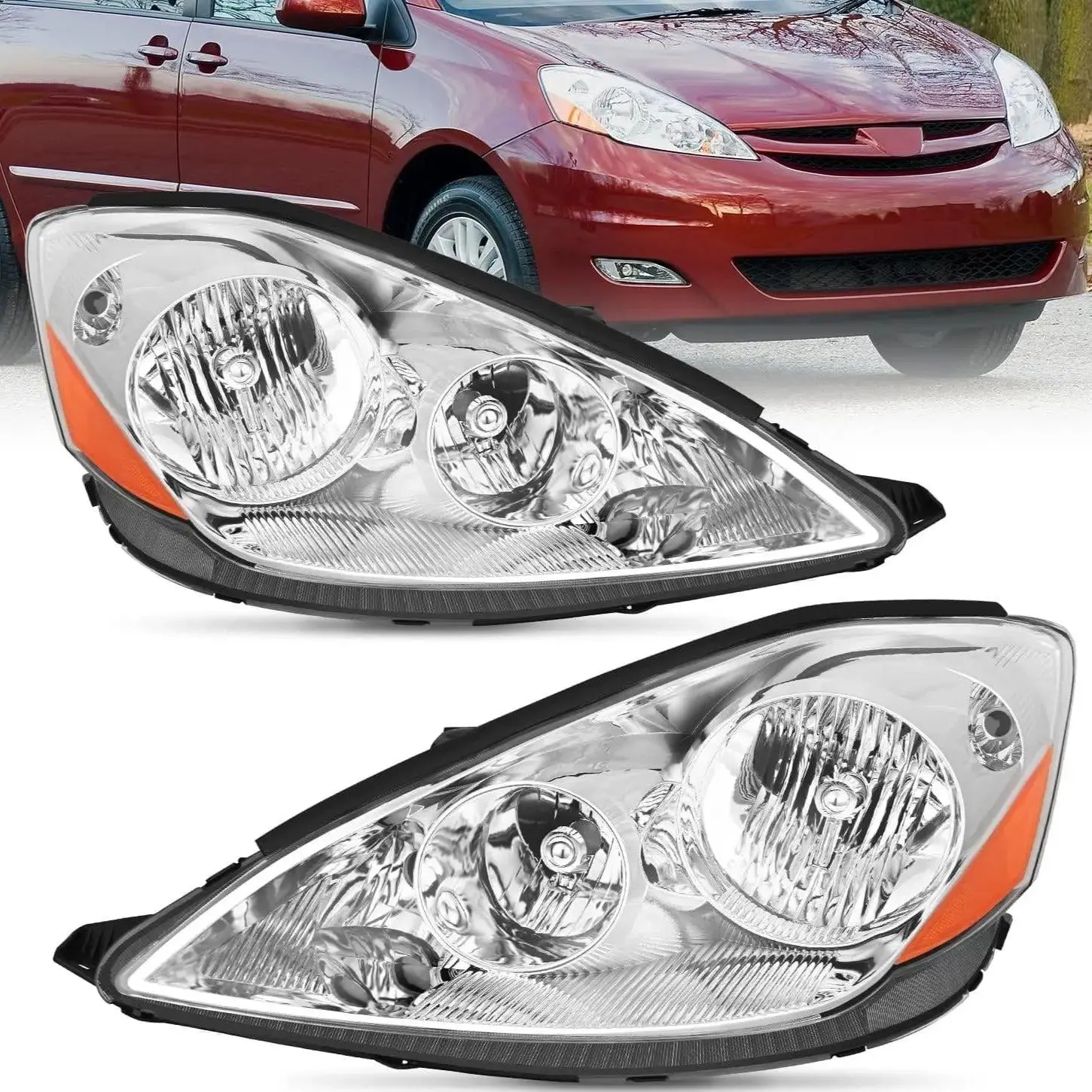 Nilight 2006 2007 2008 2009 2010 Toyota Sienna Headlight Assembly Chrome Housing Amber Reflector Clear Lens
