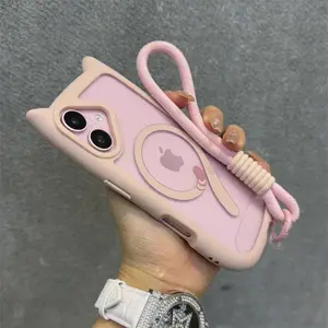 Cute Cat Ear for Magsafe Case For iPhone 11 12 13Mini 14 15 16 17 Pro Max Transparent PC TPU Armor Cover With Wrist Strap Chain