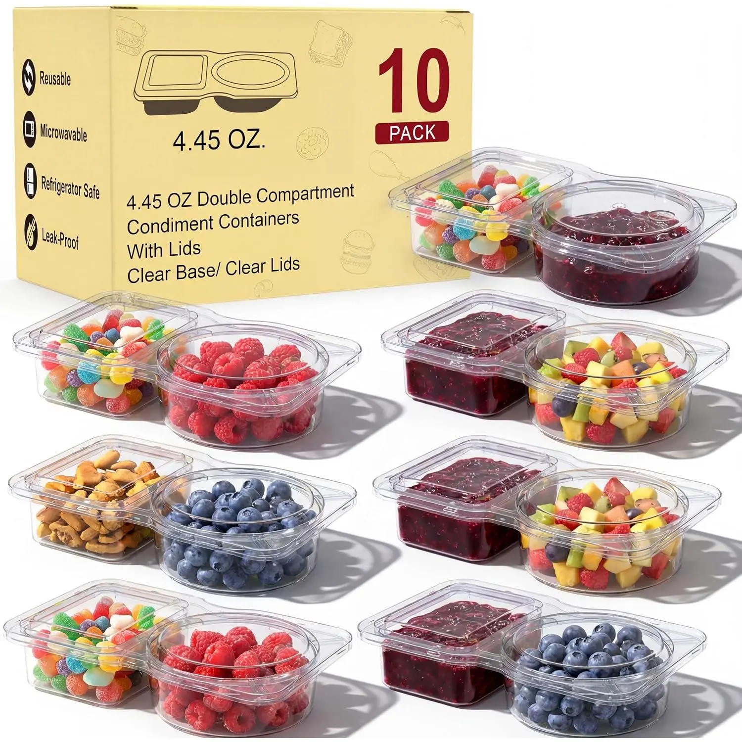 10 Pack 2-Compartment Square & Round Kitchen Meal Prep Containers, Airtight Lightweight Leakproof Plastic Snack Boxes, Microwave & Dishwasher Safe for Portion Control, Travel Essentials, Storage