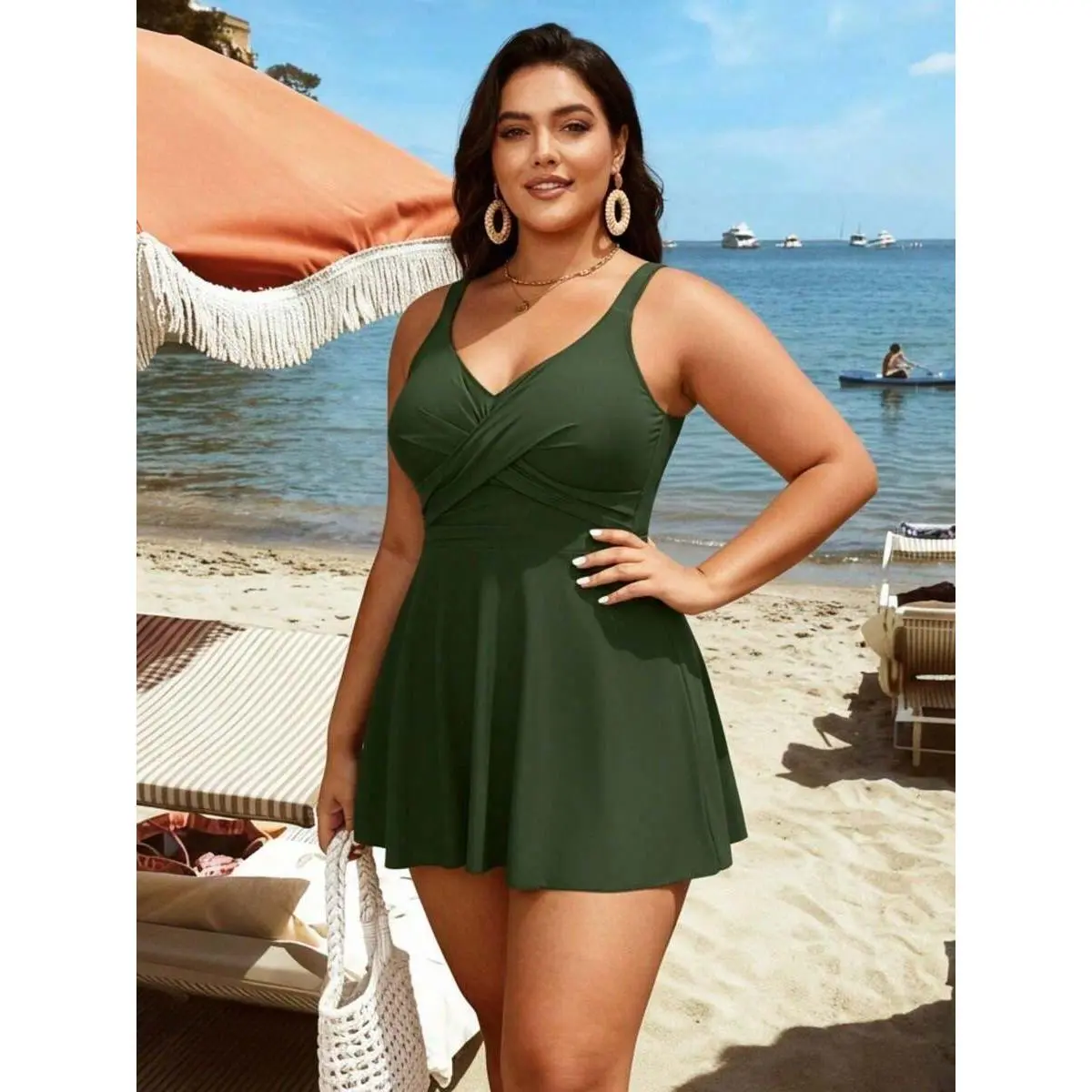 Women's 2026 Chic Olive Green Plus Size Long Knit Fabric High Waisted Swim Dress - Cross V-Neck, Flared Silhouette, Swimming Resort-Level Beach Style, Resorts, Chic Look, Cross Neck, Flared Cut, Swimsuit For Beach, Modest Swimwear, High Stretch
