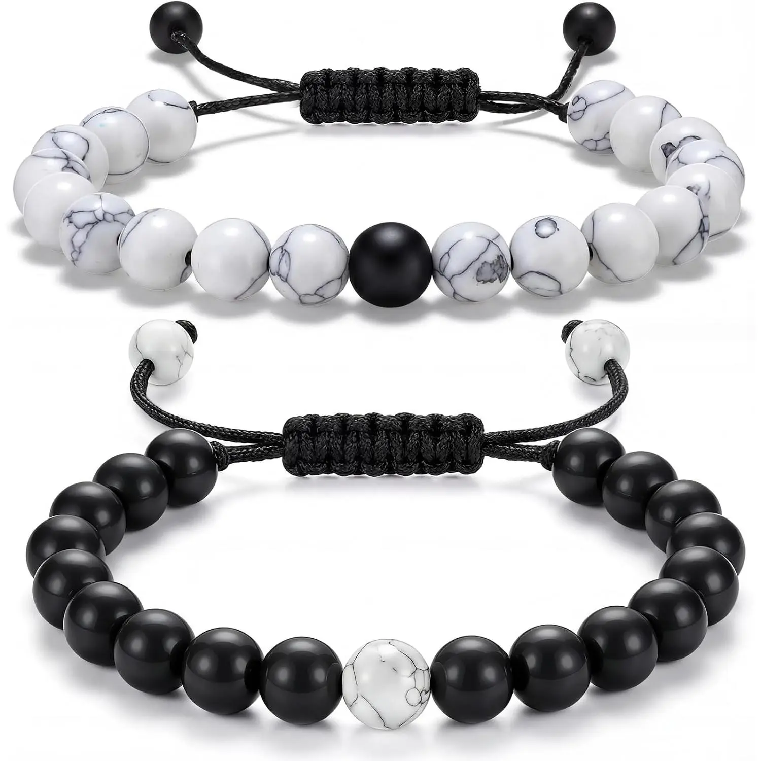 Couples Bracelets Long Distance Matching Bracelets 8mm Howlite Beads Black Matte  for Couples His and Her Gifts