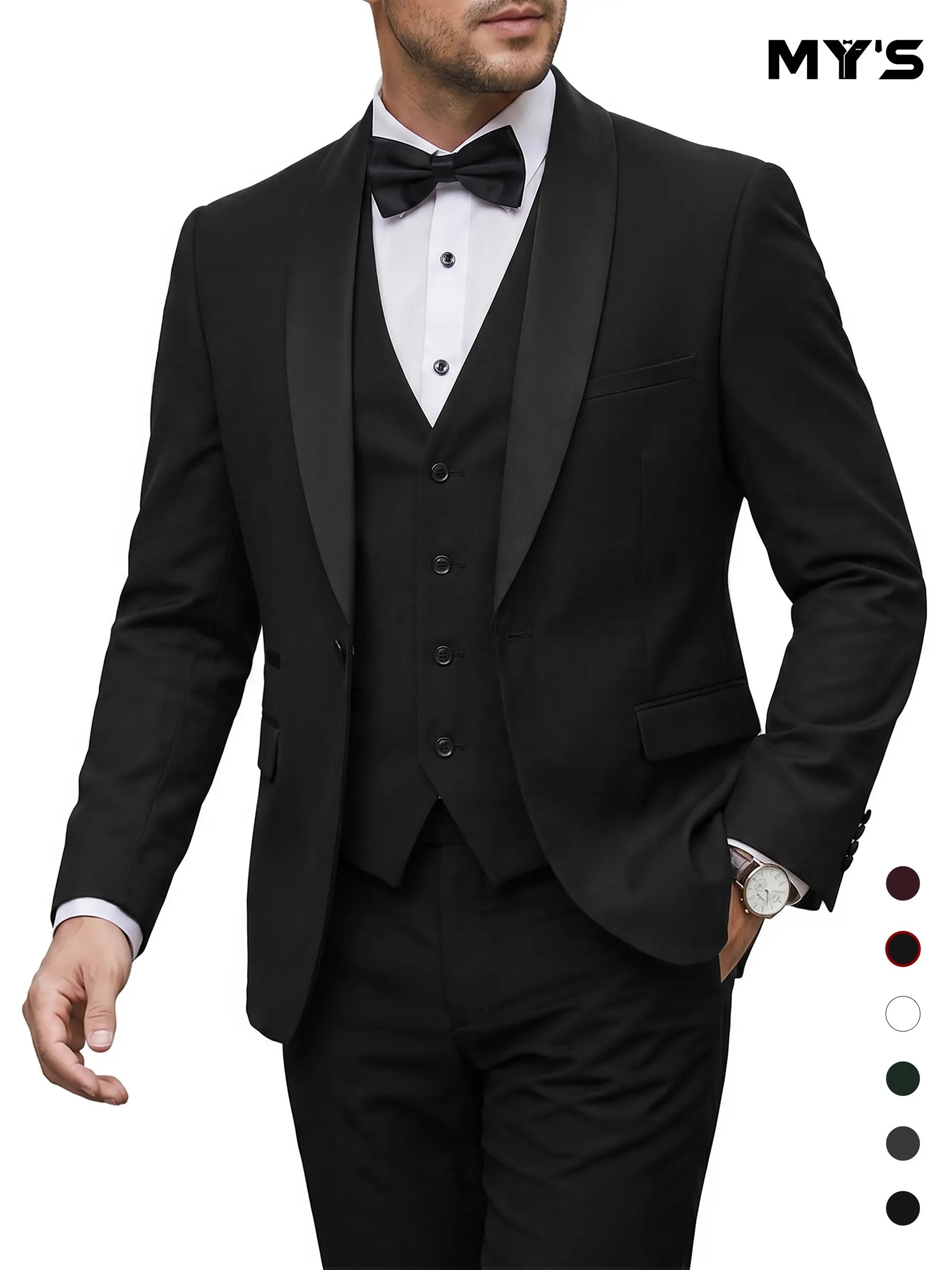 MY'S Mens 3 Piece Tuxedo Set with Bow Tie, Shawl Lapel One Button Jacket Vest & Pants, Slim Fit Suit Prom Party Wedding Tuxedo