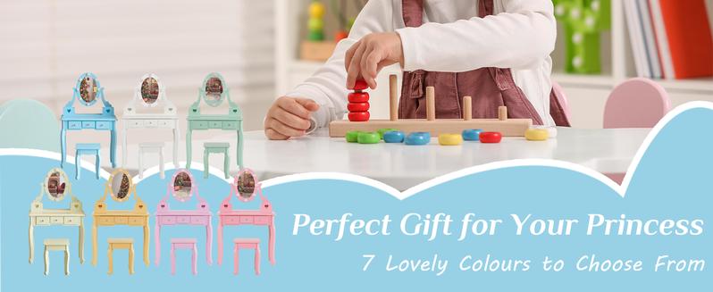 Karlhome Kids Vanity Table and Chair Set, Princess MDF Dressing Table with 3-Color LED Lighted Mirror and 3 Drawers, Lovely Waved Design for Toddler's Bedroom and Playroom Decor, Macaroon