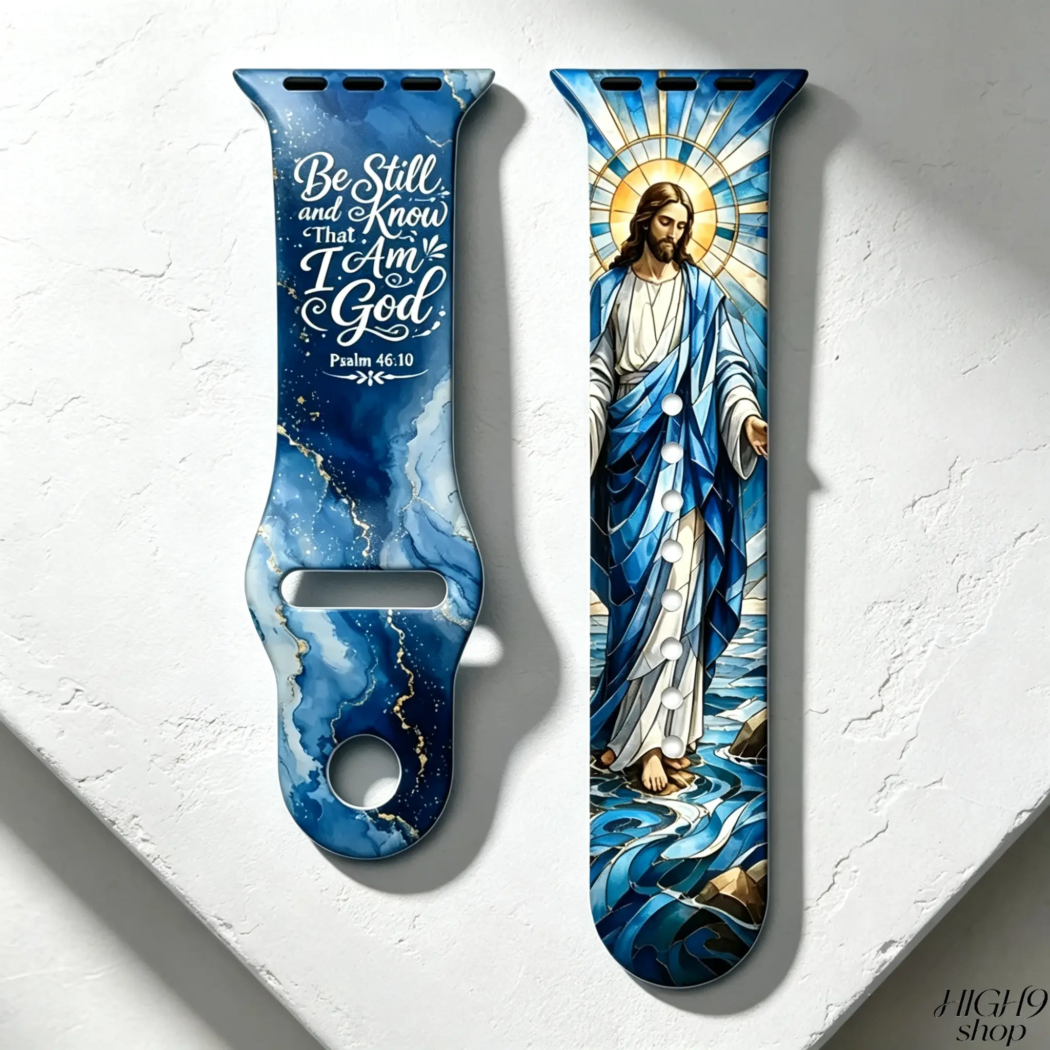 Stained Glass Jesus Walk On Water Silicone Watch Band Compatible With Apple Watch, Blue Marble Gold Foil Psalm 46:10 "Be Still and Know That I Am God" Religious Strap, Faith Wristband Gift For Men Women, Watch Band Only