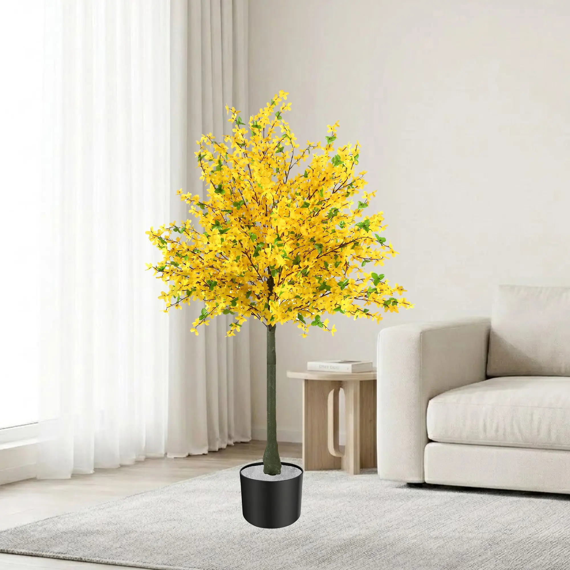 59 Inch Artificial Yellow Winter Jasmine Tree Potted Faux Spring Bloom Tree Artificial Trees for Home Decor Indoor Fake Tall Plant for Living Room Entryway Office Farmhouse Decor