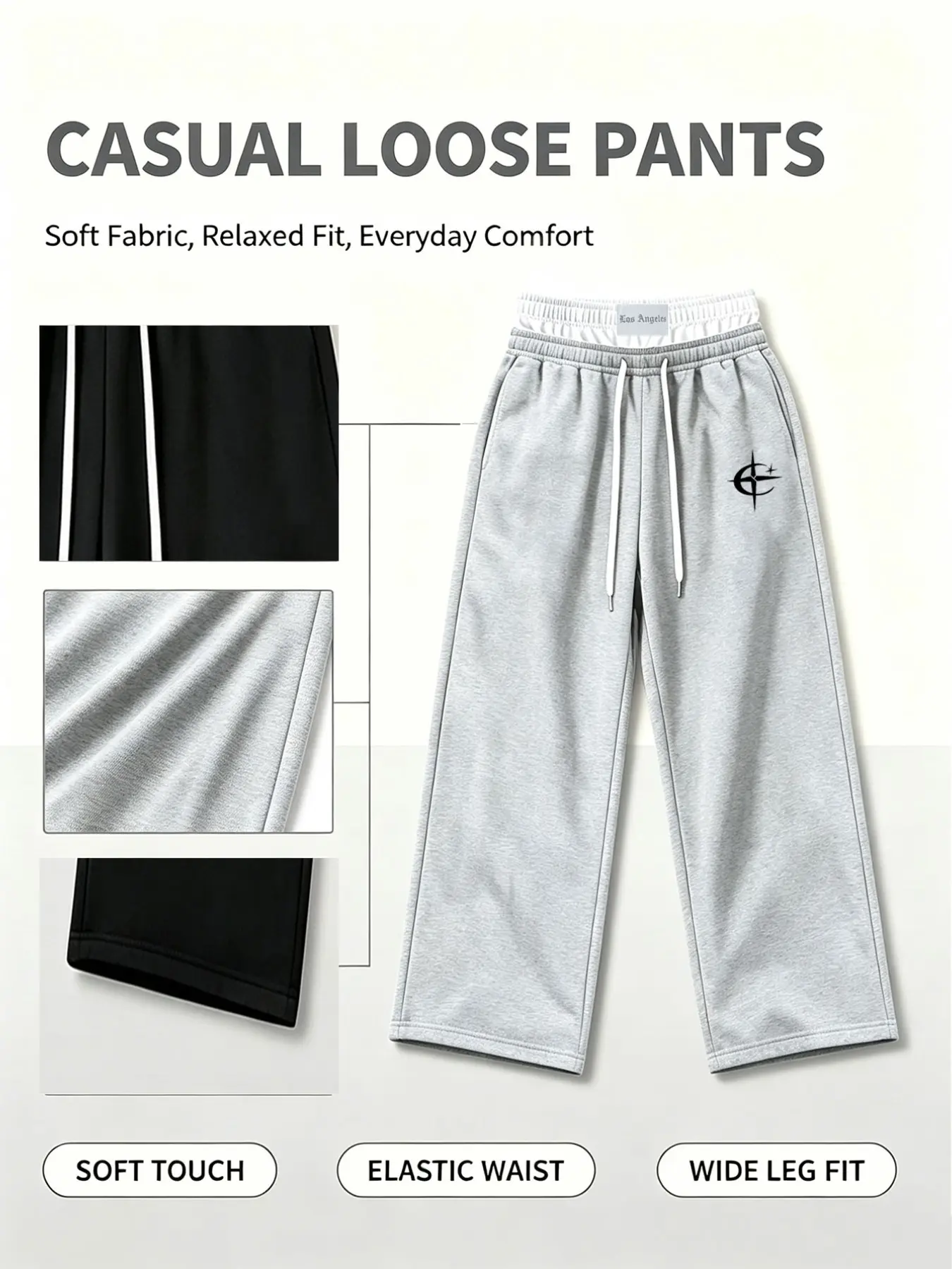 Men's Printed Casual Wide Leg Sweatpants, Soft Fabric Elastic Waist Drawstring, Loose Straight Fit Daily Comfort Long Pants