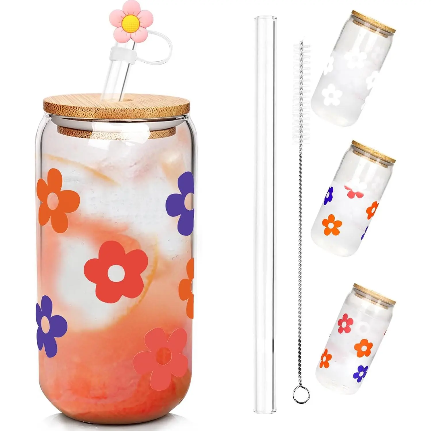 Cute Glass Cups with  and Straws, 18oz Color Changing Cups | 18oz Iced Coffee Cups with  Glass Coffee Cups, Drinking Glasses  Travel Coffee Mug