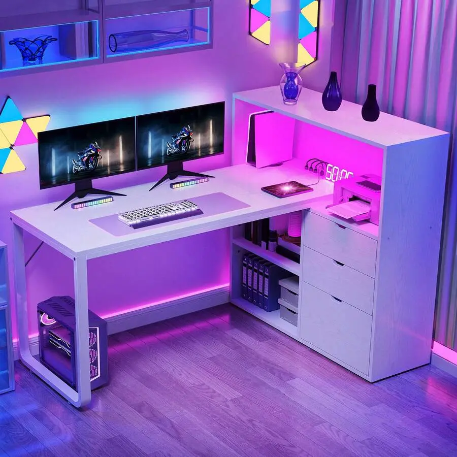 White 55" L Shaped Desk With Drawers, Corner Computer L Shaped Desk With File Cabinet & LED Lights, Gaming Dessk With Power Outlets, Home Office Desk Office, Study Room