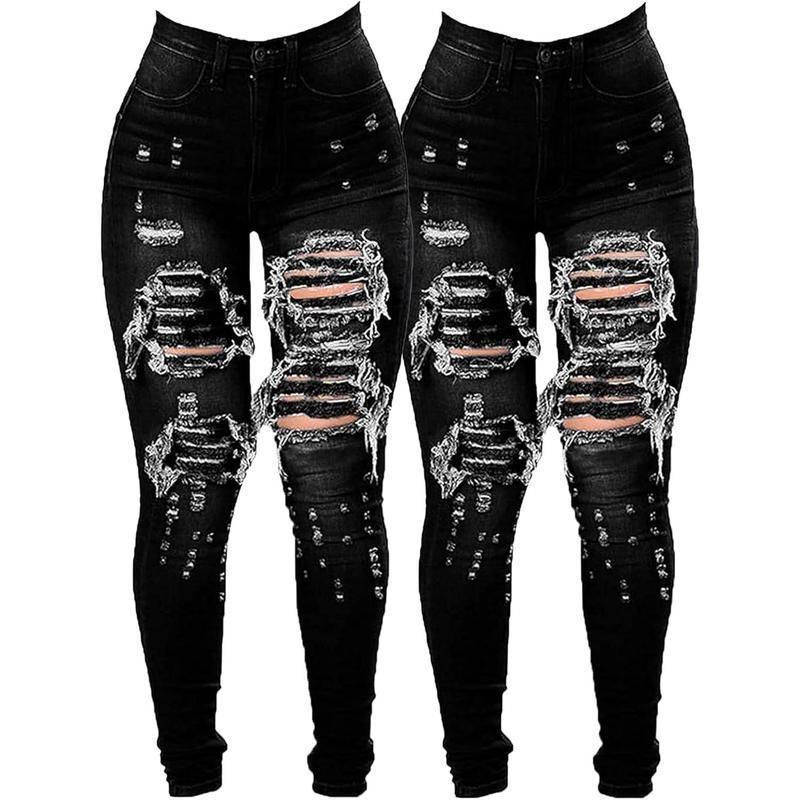 Women's High Waist Plus Size Destroyed Jeans Slim Skinny Ripped Trousers Stretch Denim Pants
