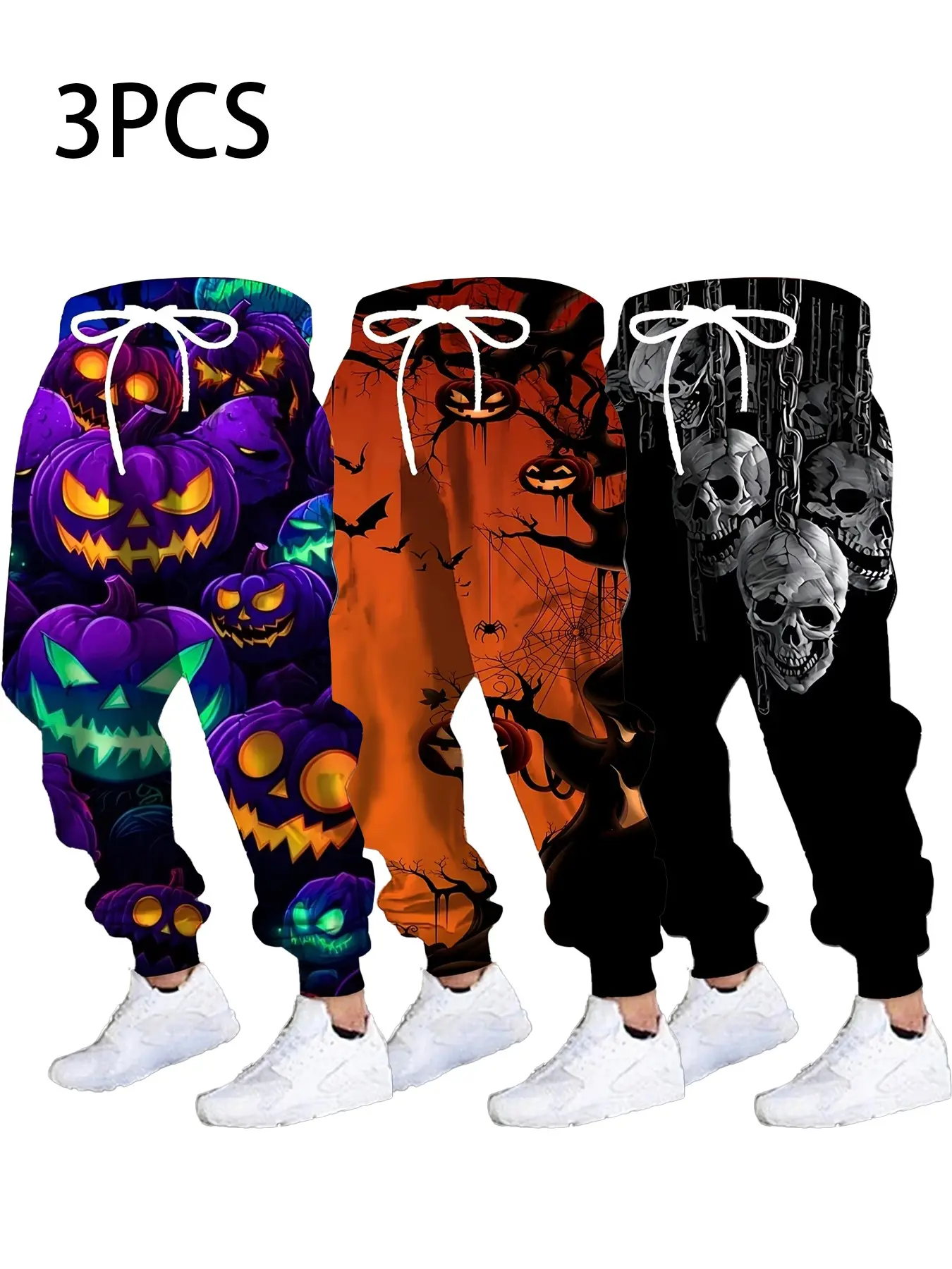3-Pack Men's Halloween Horror Sweatpants, Spider Pumpkin Skull Print, Loose-Fit Ankle-Length Casual Pants, All-Seasons Sporty Joggers