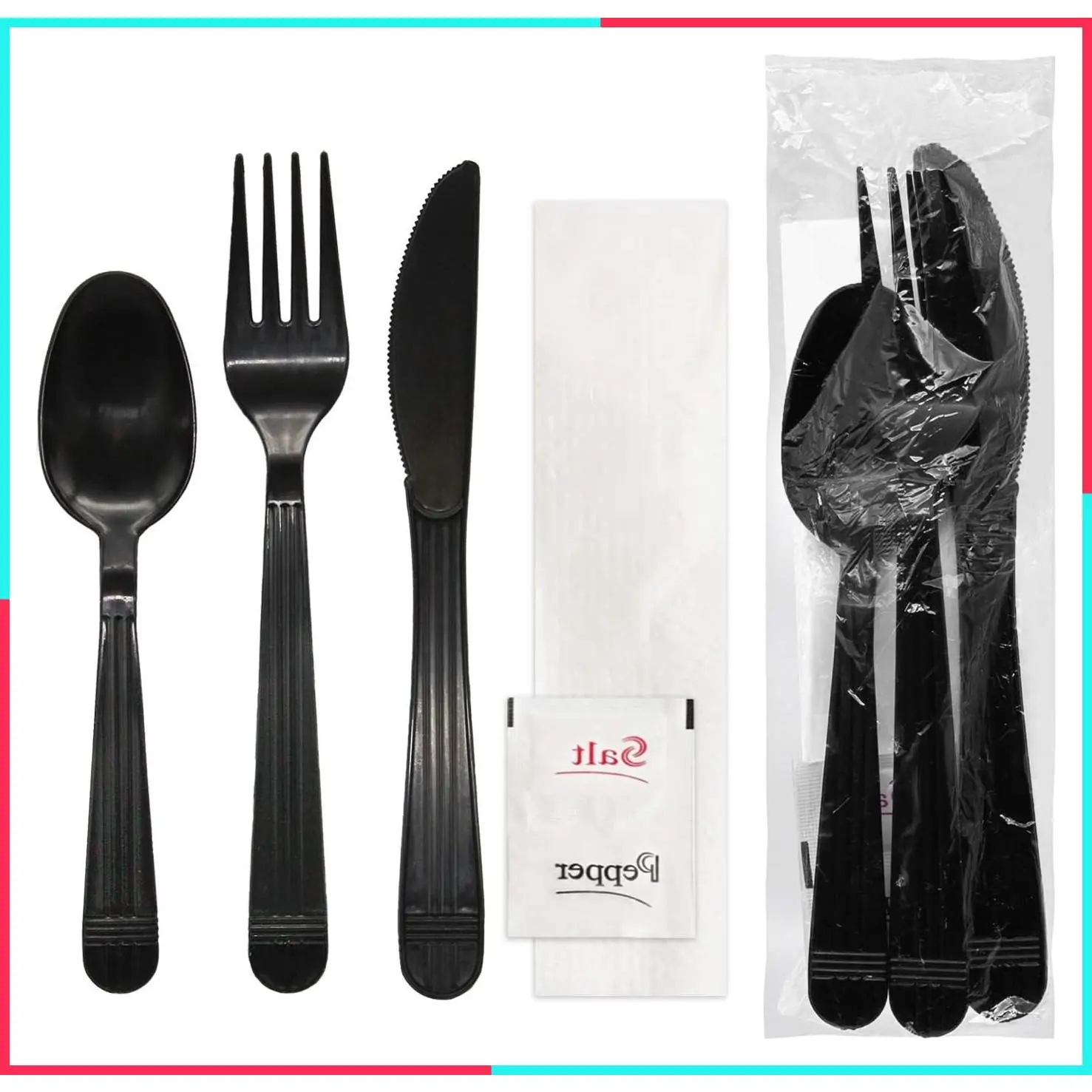 Individually Wrapped Heavy Duty Plastic Cutlery Packets with Fork, Spoon, Knife, Napkin, Salt and Pepper, 50 Utensil Sets, Black