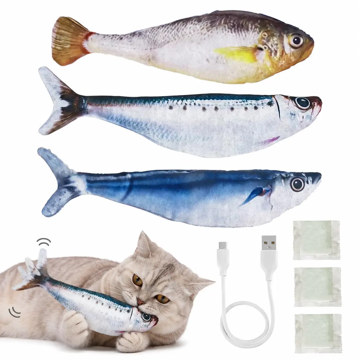 Ultra-Realistic Flopping Fish Cat Toys 3 Pack, Interactive Cat toys for All Breeds, Tap-Activated 3 Flapping Mode, Sardine/Saury/Yellow Croaker, 7.1 Inches, with Catnip, Rechargeable,Interactive pet toys