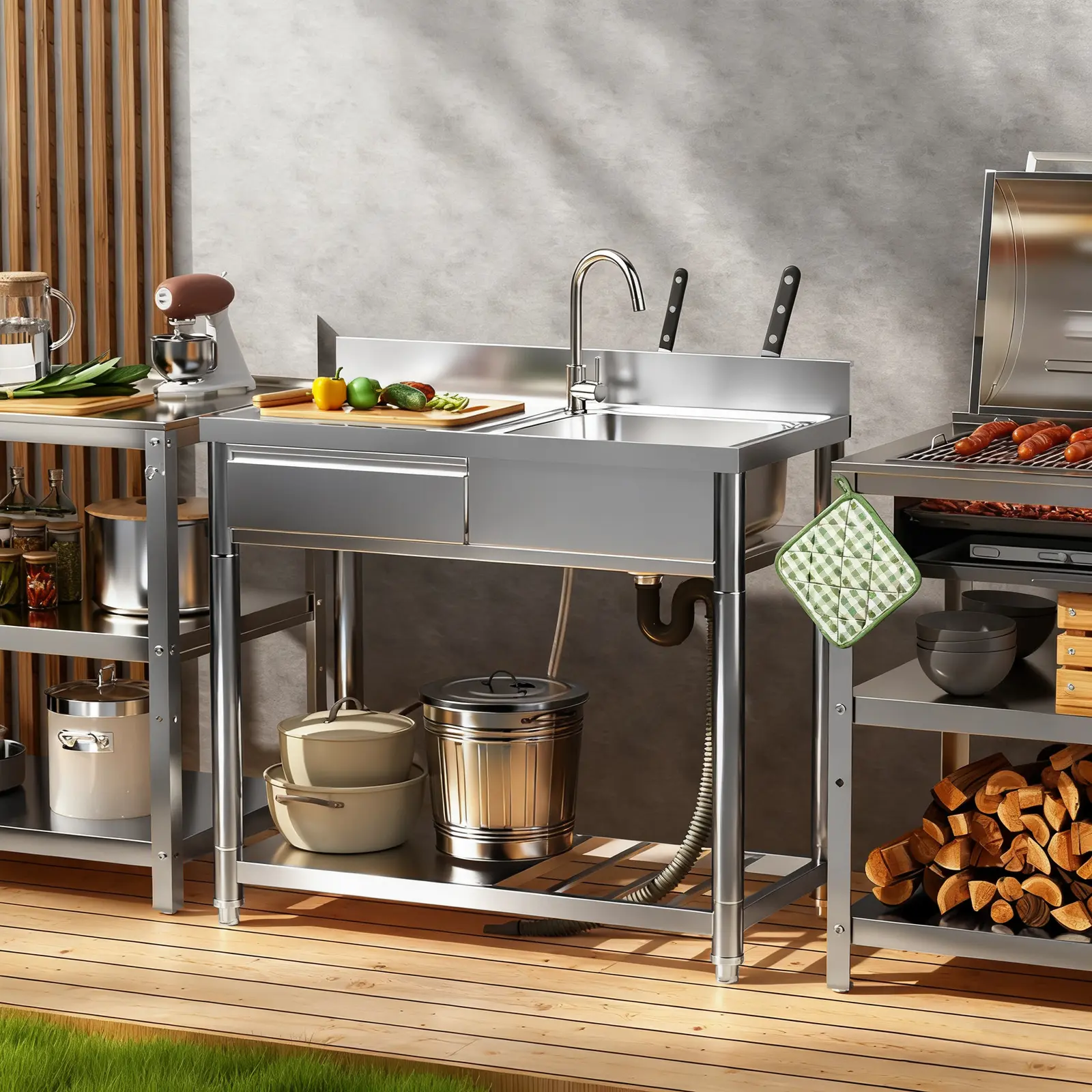 ARCH 39" Outdoor Stainless Steel Utility Sink with Workbench, Storage Shelf, Left Drawer, 360° Swivel Hot Cold Water Faucet, Freestanding Prep Table for Garden Patio BBQ Camping, Silver, Silver Color Options, Stainless Steel Material