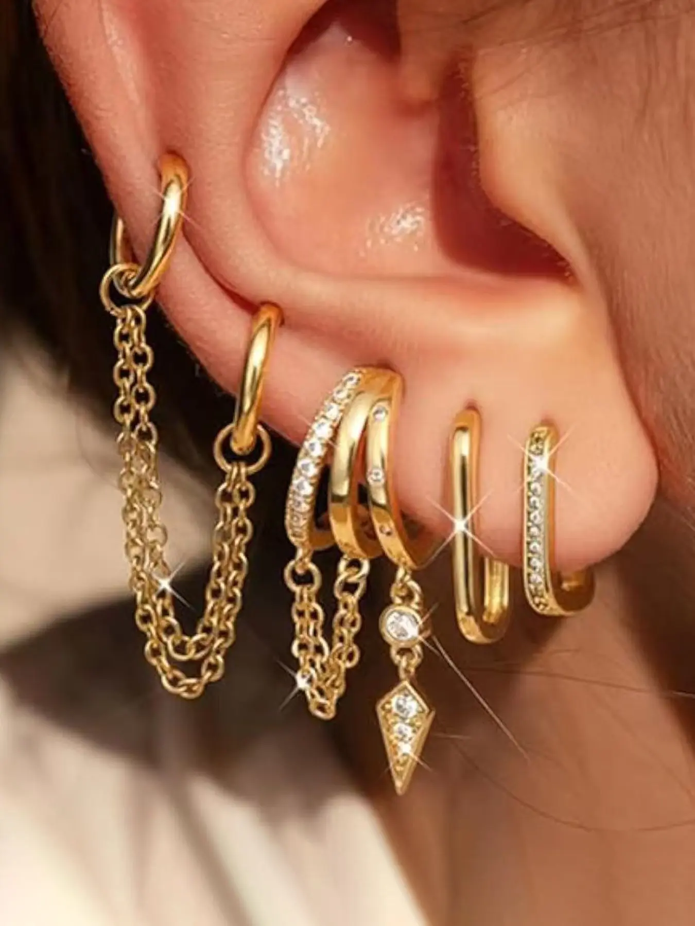 Hypoallergenic Earring Stacks, Fashion Earring - Non Tarnish 14K Gold Plated Surgical Steel Dainty CZ Huggie Dangle Hoops Cartilage Illusion Claw Chain Earring Pack Multiple Piercing Jewelry Earrings For Cartilage Piercing