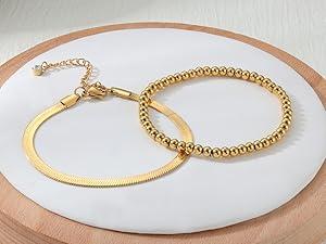 Sanfenly 8Pcs Gold Bracelets For Women, 14K Real Gold Plated Dainty Trendy Stackable Stacking Bracelets Chain Charm Link Paperclip Beaded Bracelet Stainless Steel Stretch Layered Women's Bracelet Sets