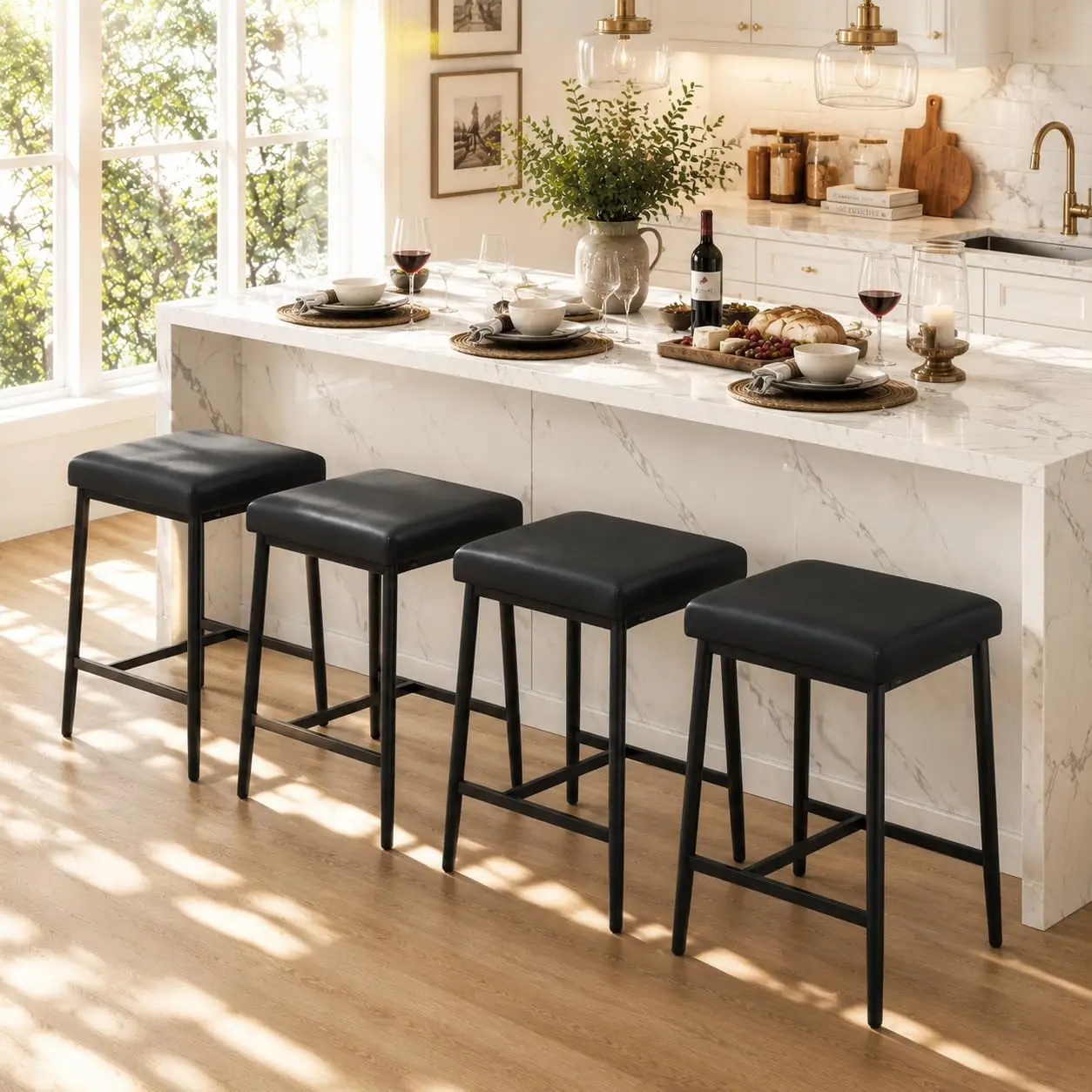 26" Counter Height Barstools Set of 4, Backless Kitchen Island Stool | Sturdy Metal Legs and Footrest, Modern Rustic Upholstered Wider Square Seating for Dining Room, Breakfast Bar, Rustic Black