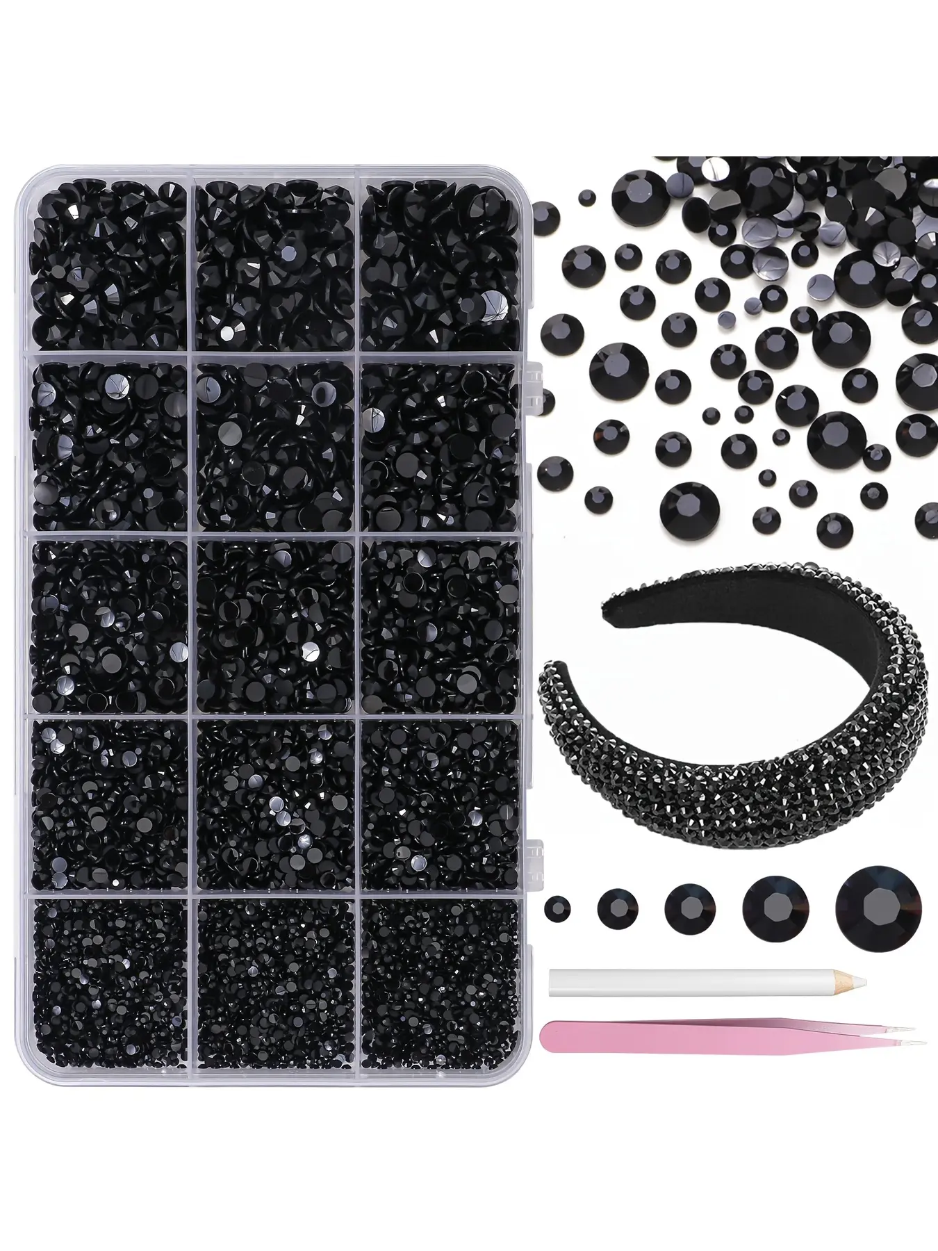 12000 pieces black jelly shiny resin rhinestones with mixed sizes 2mm, 3mm, 4mm, 5mm, 6mm. Flatback black gems are great for embellishment, facial makeup, handmade crafts and tumbler cup decoration.
